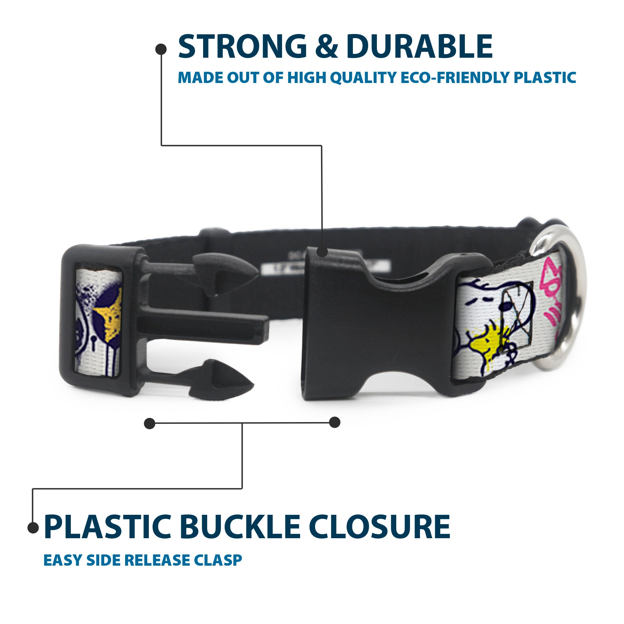 Plastic Clip Collar - Peanuts Snoopy and Woodstock Graffiti Collage White/Multi Color Plastic Clip Collars Peanuts