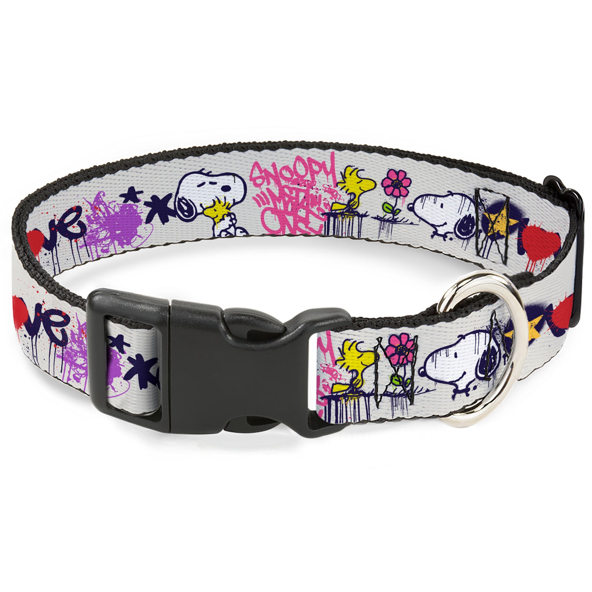 Plastic Clip Collar - Peanuts Snoopy and Woodstock Graffiti Collage White/Multi Color Plastic Clip Collars Peanuts