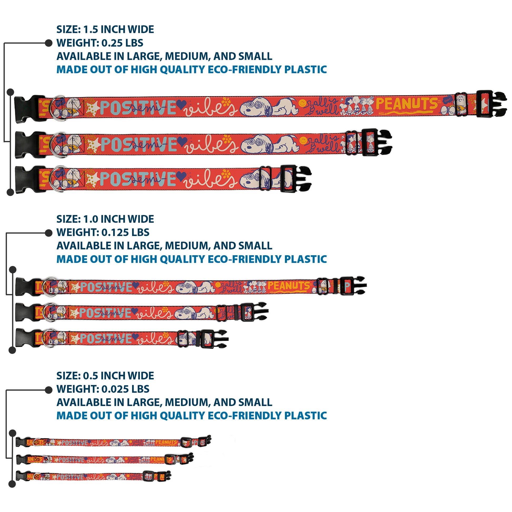 Plastic Clip Collar - Peanuts Gang SEMI-POSITIVE VIBES Quote Red/Blues/White Plastic Clip Collars Peanuts