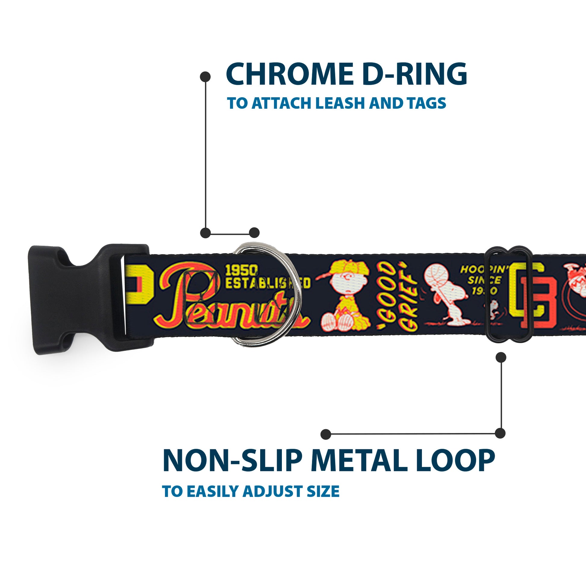 Plastic Clip Collar - PEANUTS ATHLETIC CLUB Varsity Poses and Quotes Collage Black/Red/Yellow Plastic Clip Collars Peanuts