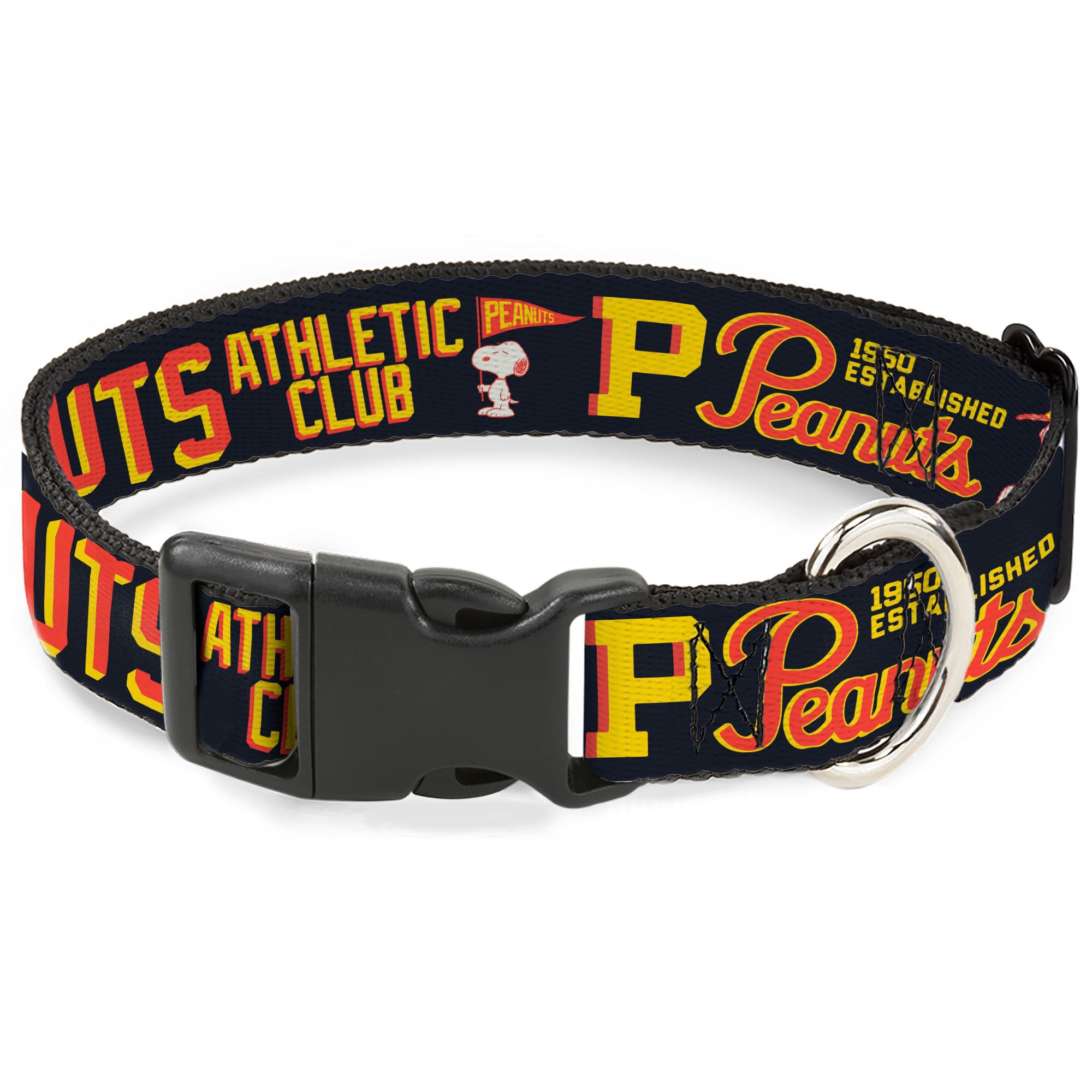 Plastic Clip Collar - PEANUTS ATHLETIC CLUB Varsity Poses and Quotes Collage Black/Red/Yellow Plastic Clip Collars Peanuts