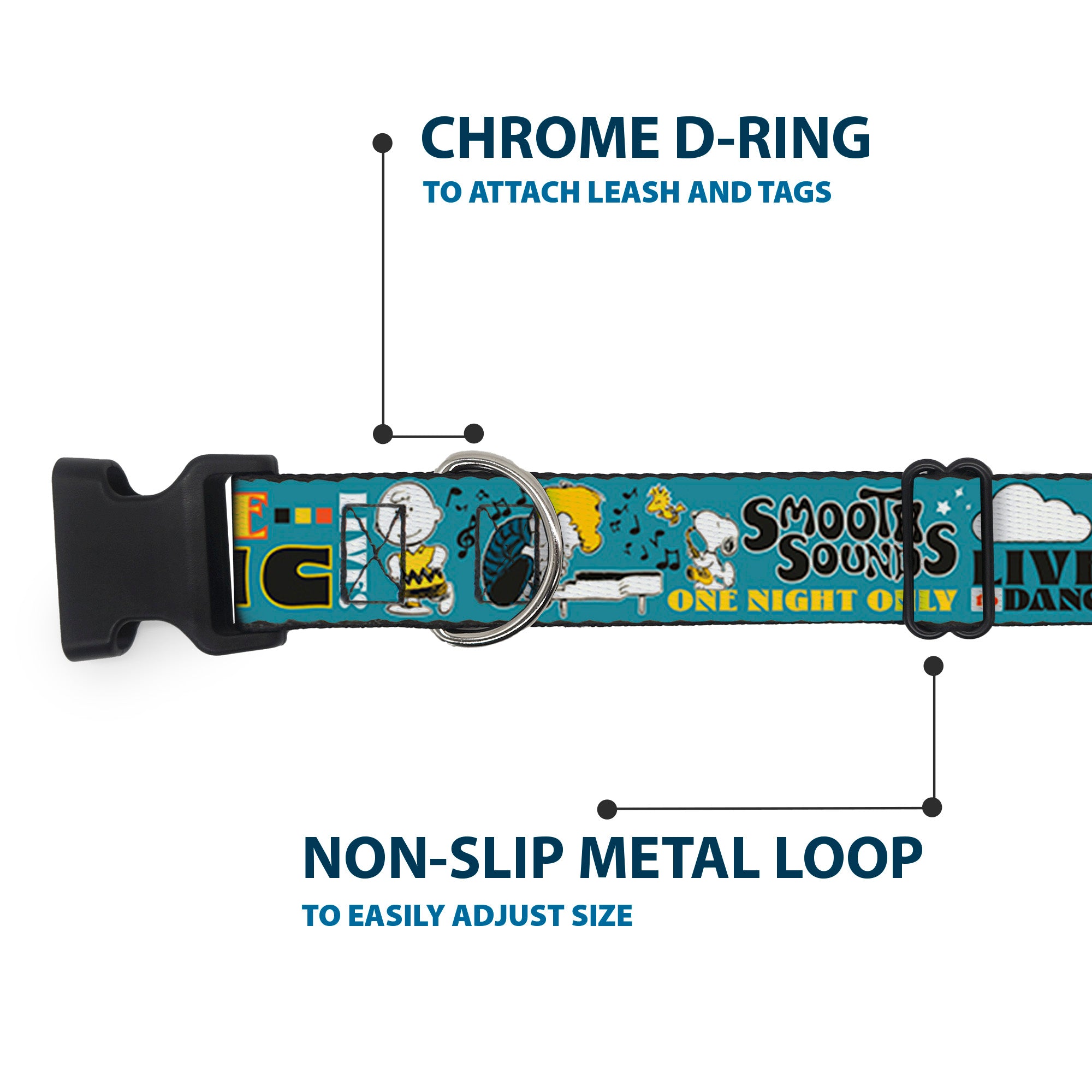 Plastic Clip Collar - Peanuts Gang DANCE MUSIC Poses and Quotes Blue/Multi Color Plastic Clip Collars Peanuts