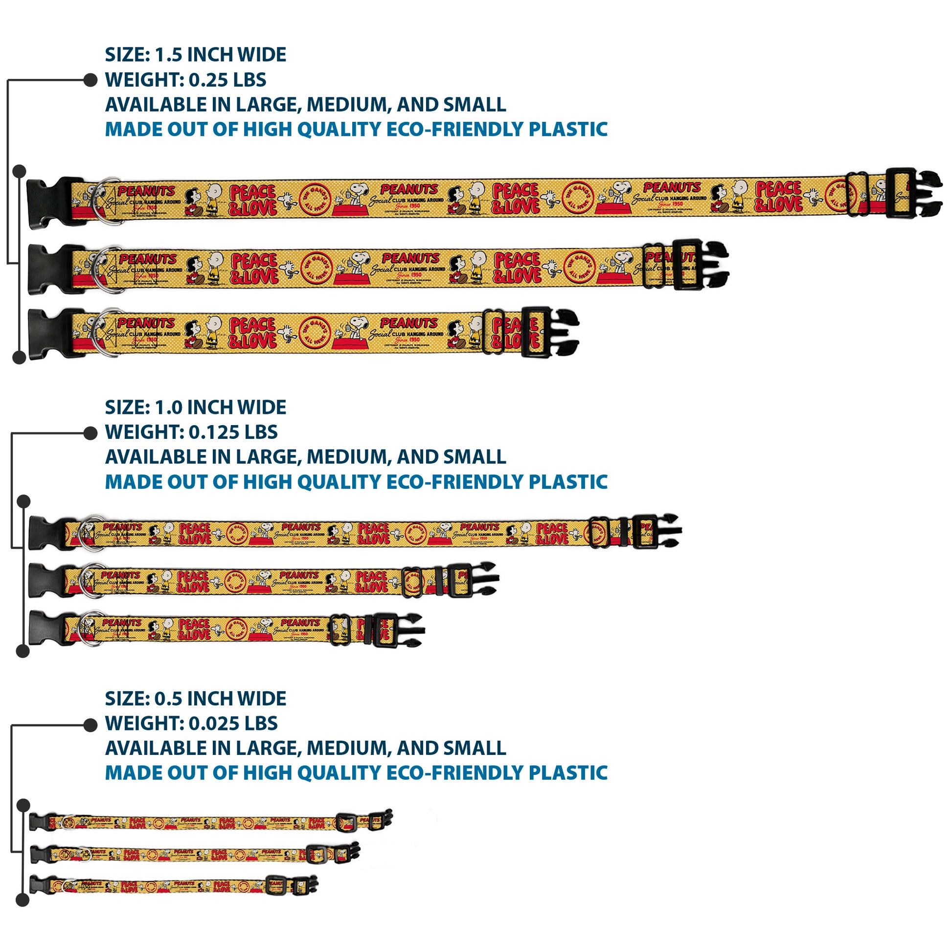 Plastic Clip Collar - PEANUTS SOCIAL CLUB PEACE & LOVE Scenes Yellow/Red Plastic Clip Collars Peanuts