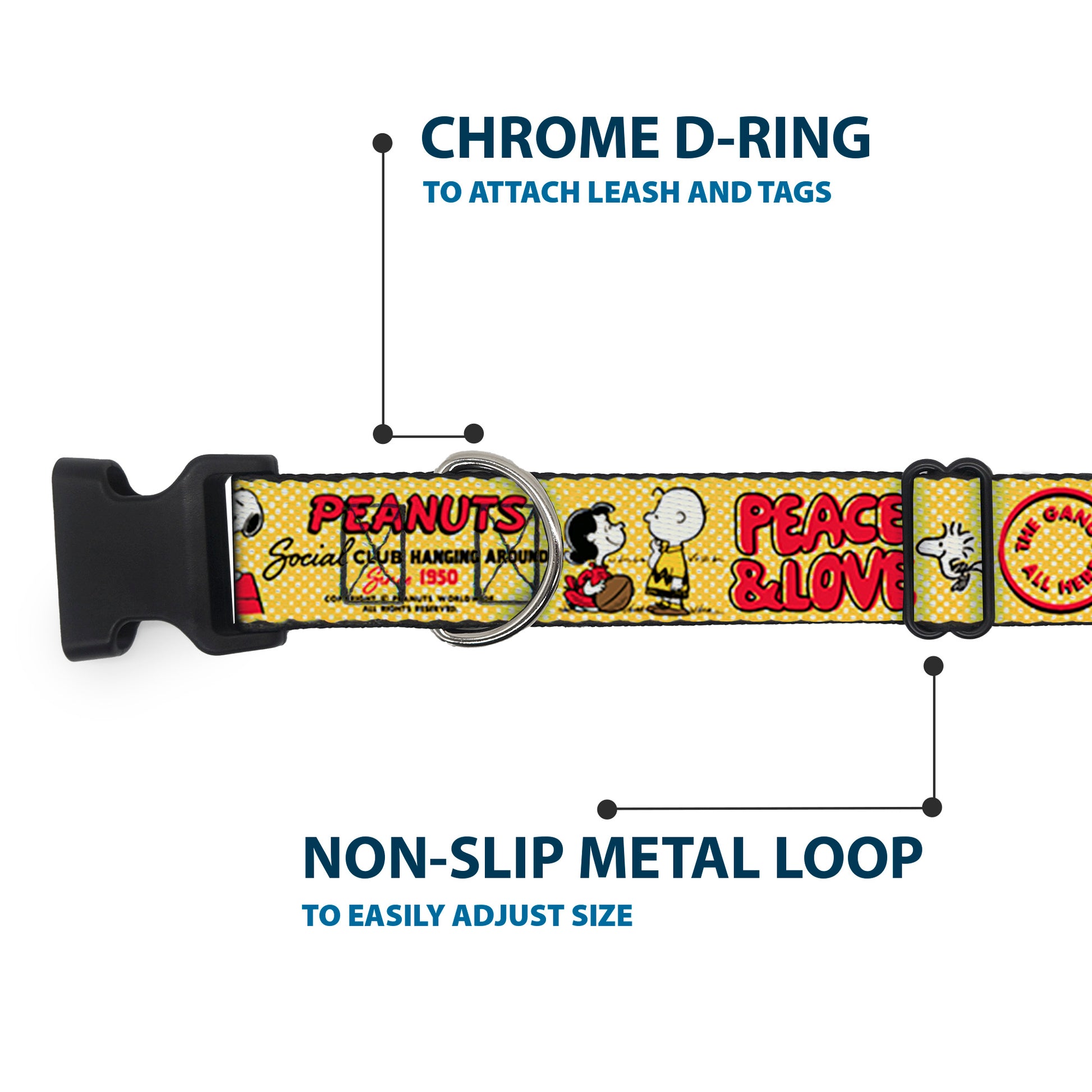 Plastic Clip Collar - PEANUTS SOCIAL CLUB PEACE & LOVE Scenes Yellow/Red Plastic Clip Collars Peanuts