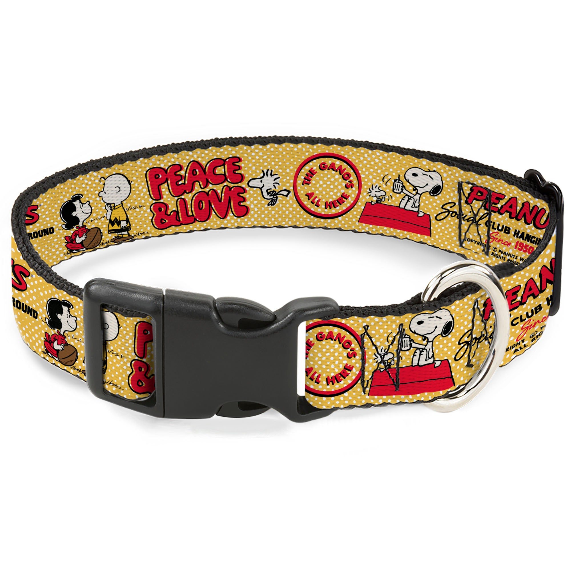 Plastic Clip Collar - PEANUTS SOCIAL CLUB PEACE & LOVE Scenes Yellow/Red Plastic Clip Collars Peanuts