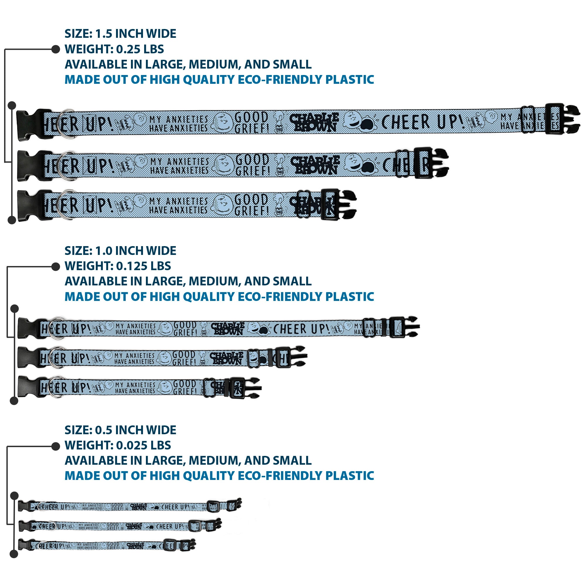 Plastic Clip Collar - CHARLIE BROWN Poses and Quotes Light Blue/Black Plastic Clip Collars Peanuts