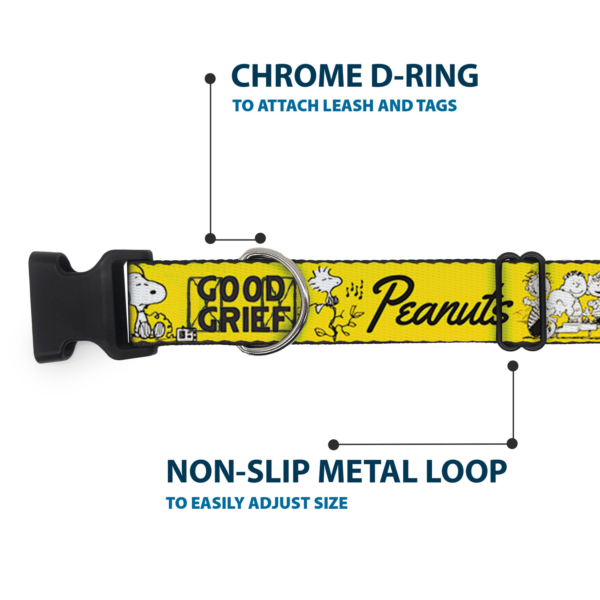 Plastic Clip Collar - PEANUTS Gang SINCE 1950 GOOD GRIEF Group Pose Yellow/Black Plastic Clip Collars Peanuts