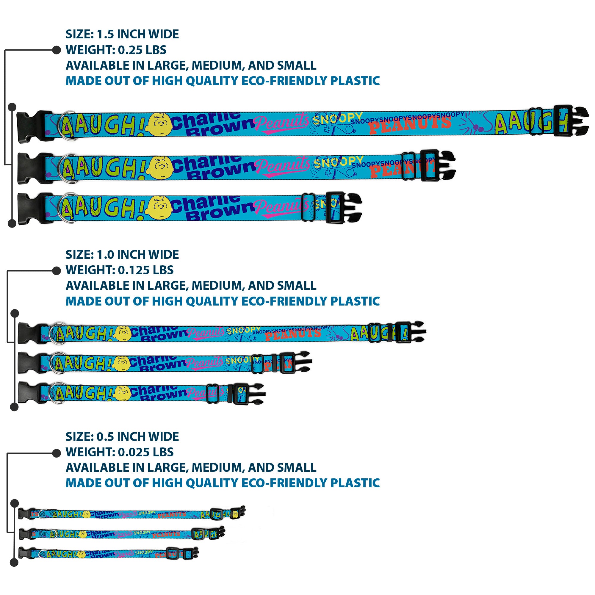 Plastic Clip Collar - PEANUTS Charlie Brown Snoopy and Woodstock Typography Collage Blue/Multi Color Plastic Clip Collars Peanuts