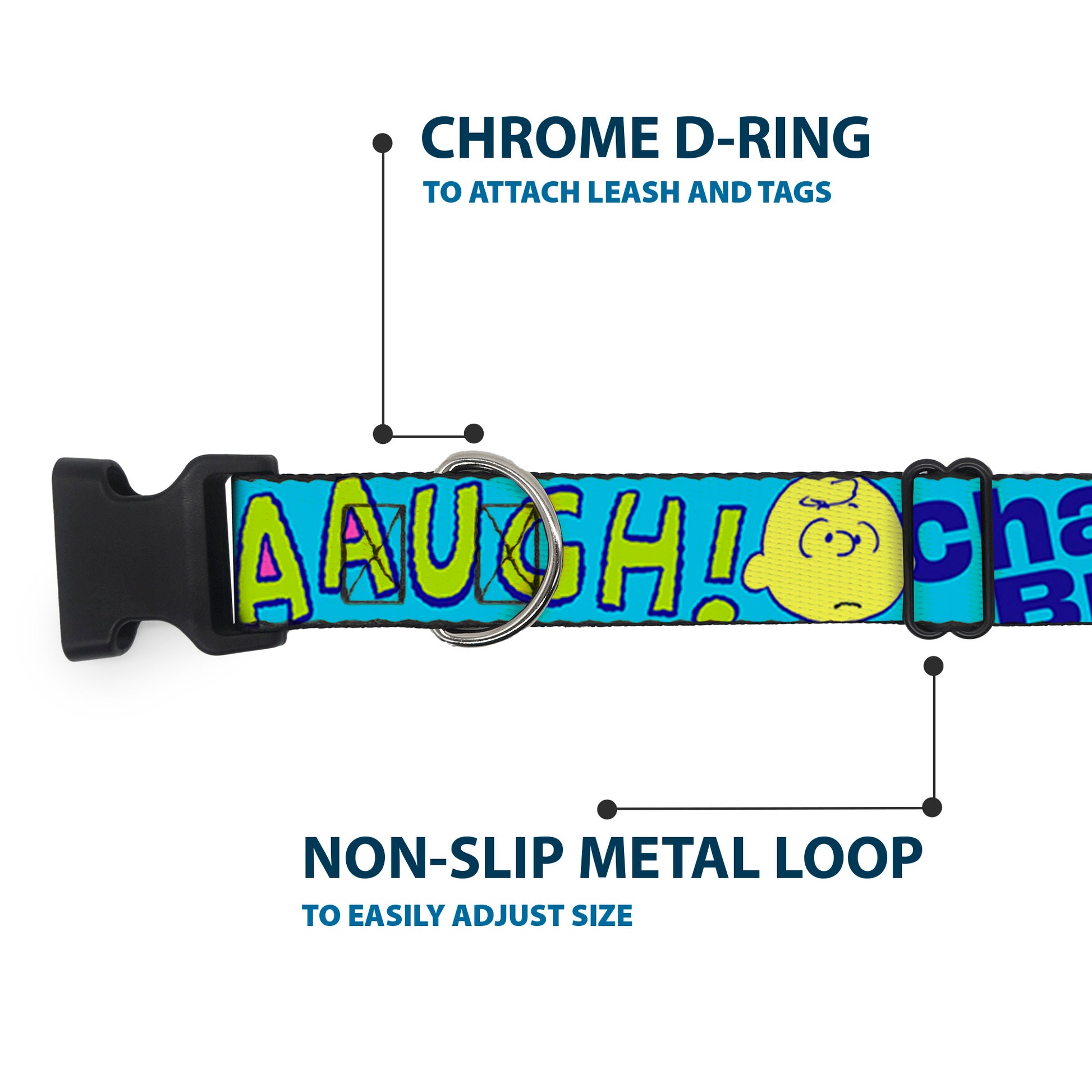 Plastic Clip Collar - PEANUTS Charlie Brown Snoopy and Woodstock Typography Collage Blue/Multi Color Plastic Clip Collars Peanuts