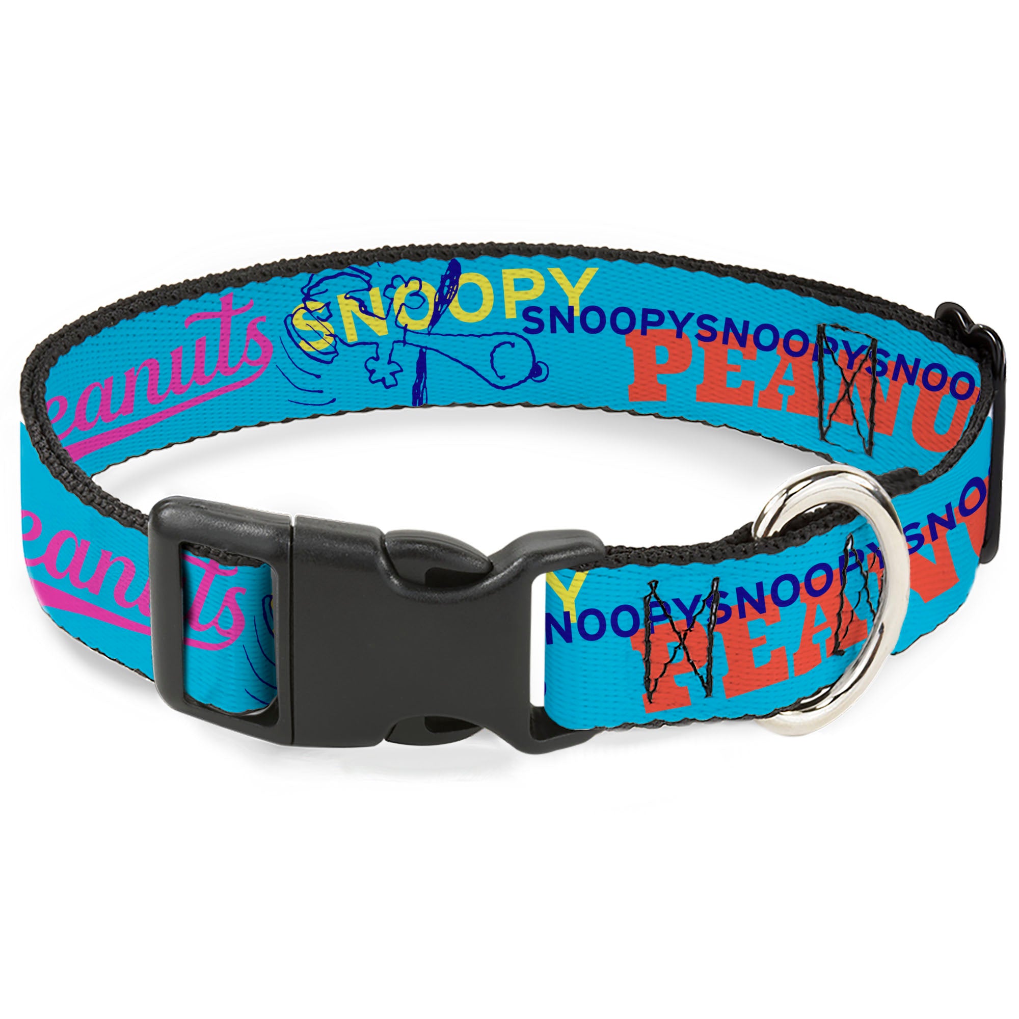 Plastic Clip Collar - PEANUTS Charlie Brown Snoopy and Woodstock Typography Collage Blue/Multi Color Plastic Clip Collars Peanuts