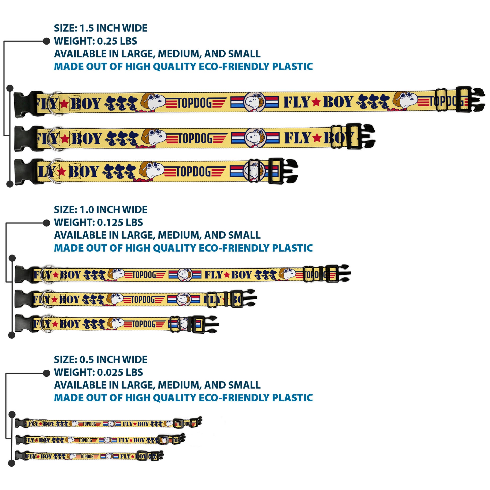Plastic Clip Collar - Peanuts Snoopy FLY BOY TOP DOG Flying Ace Yellow/Blue/Red Plastic Clip Collars Peanuts