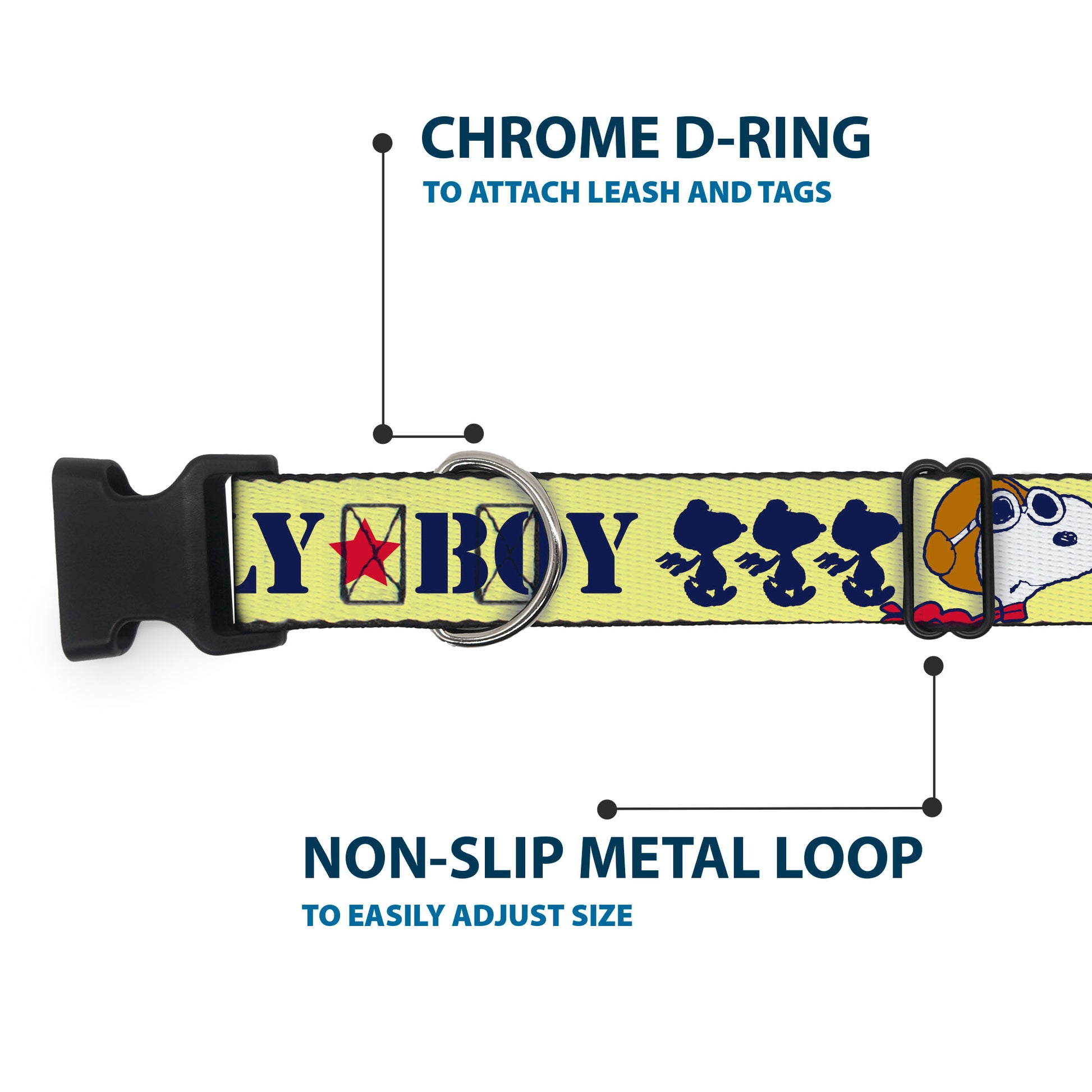 Plastic Clip Collar - Peanuts Snoopy FLY BOY TOP DOG Flying Ace Yellow/Blue/Red Plastic Clip Collars Peanuts