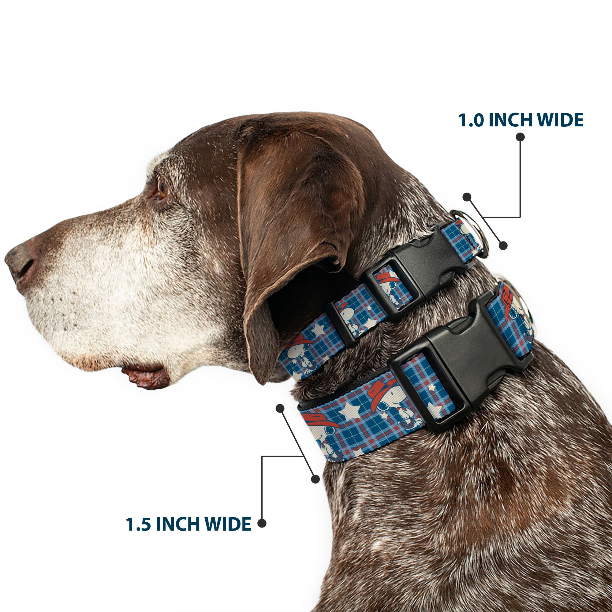Plastic Clip Collar - Peanuts Cowboy Snoopy Americana Plaid Blues/White/Reds Plastic Clip Collars Peanuts