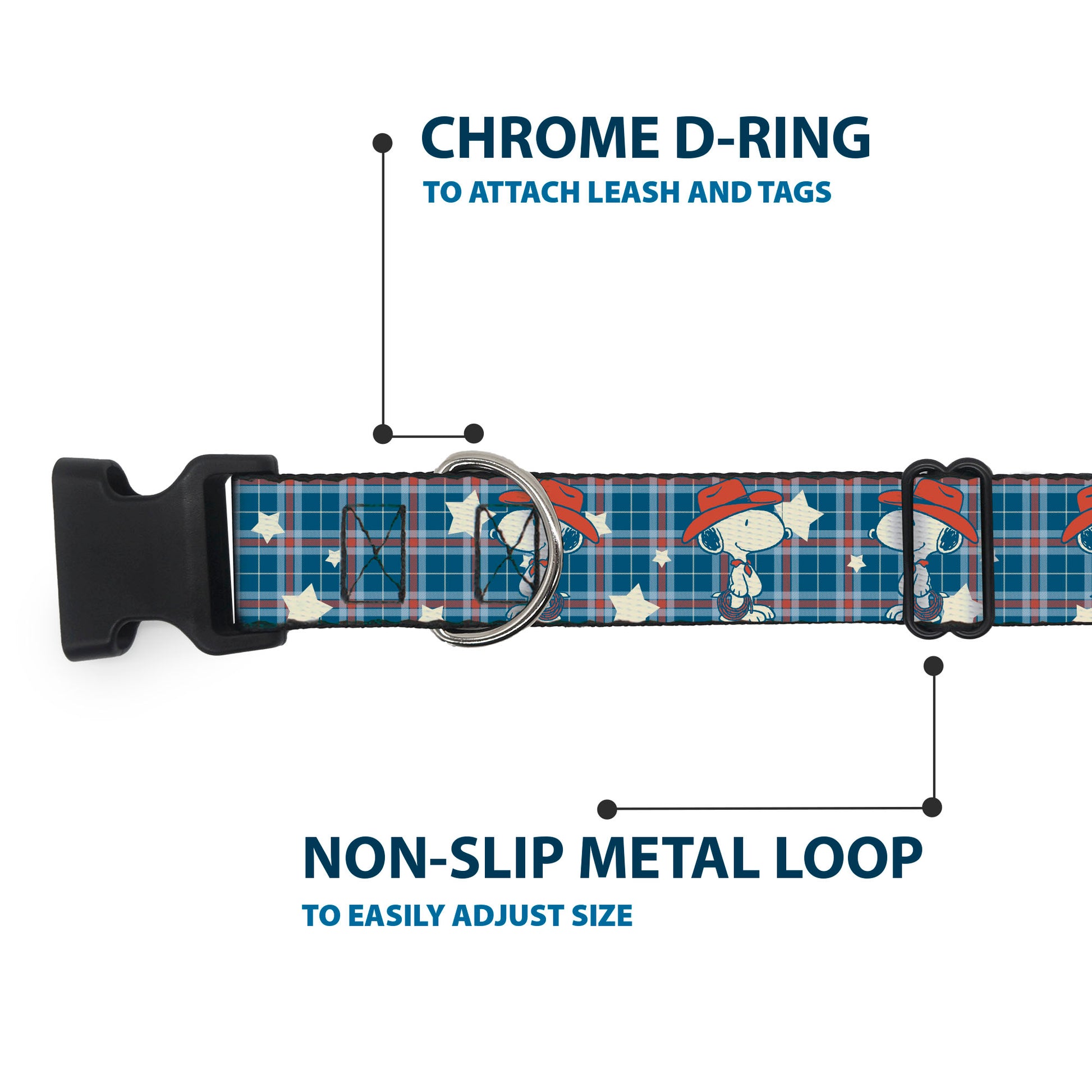 Plastic Clip Collar - Peanuts Cowboy Snoopy Americana Plaid Blues/White/Reds Plastic Clip Collars Peanuts