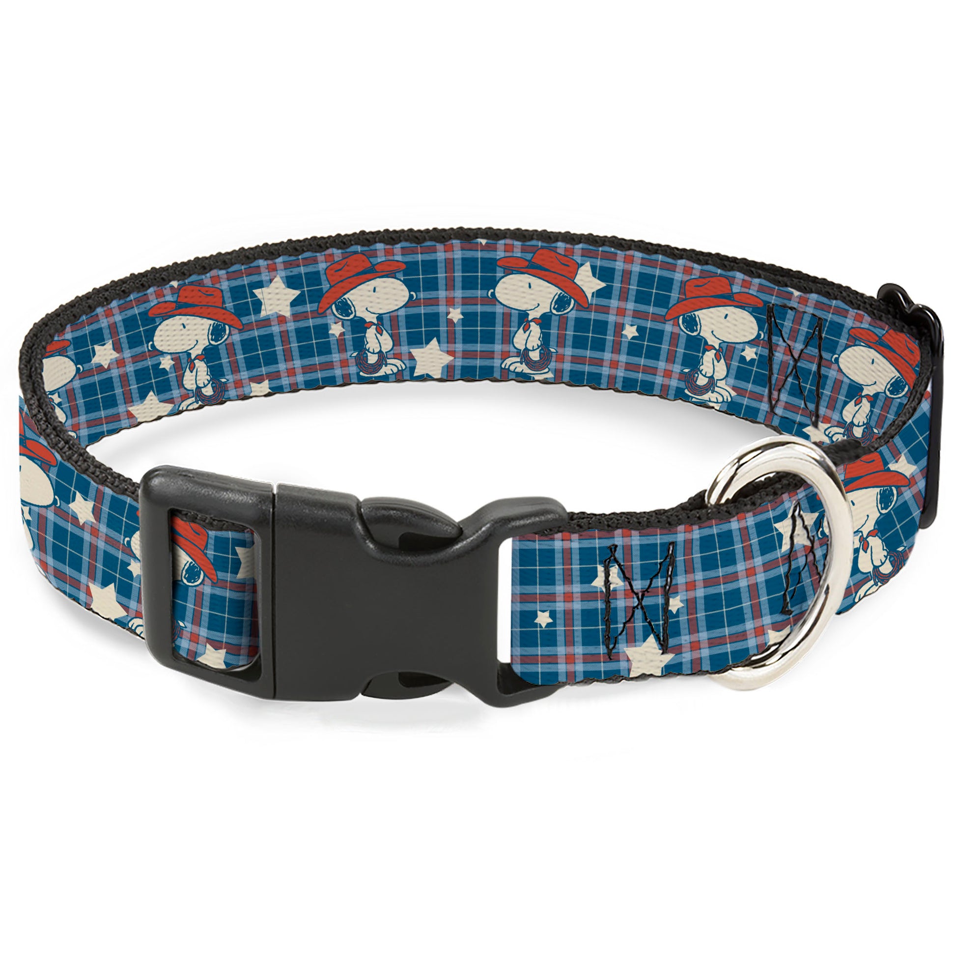 Plastic Clip Collar - Peanuts Cowboy Snoopy Americana Plaid Blues/White/Reds Plastic Clip Collars Peanuts