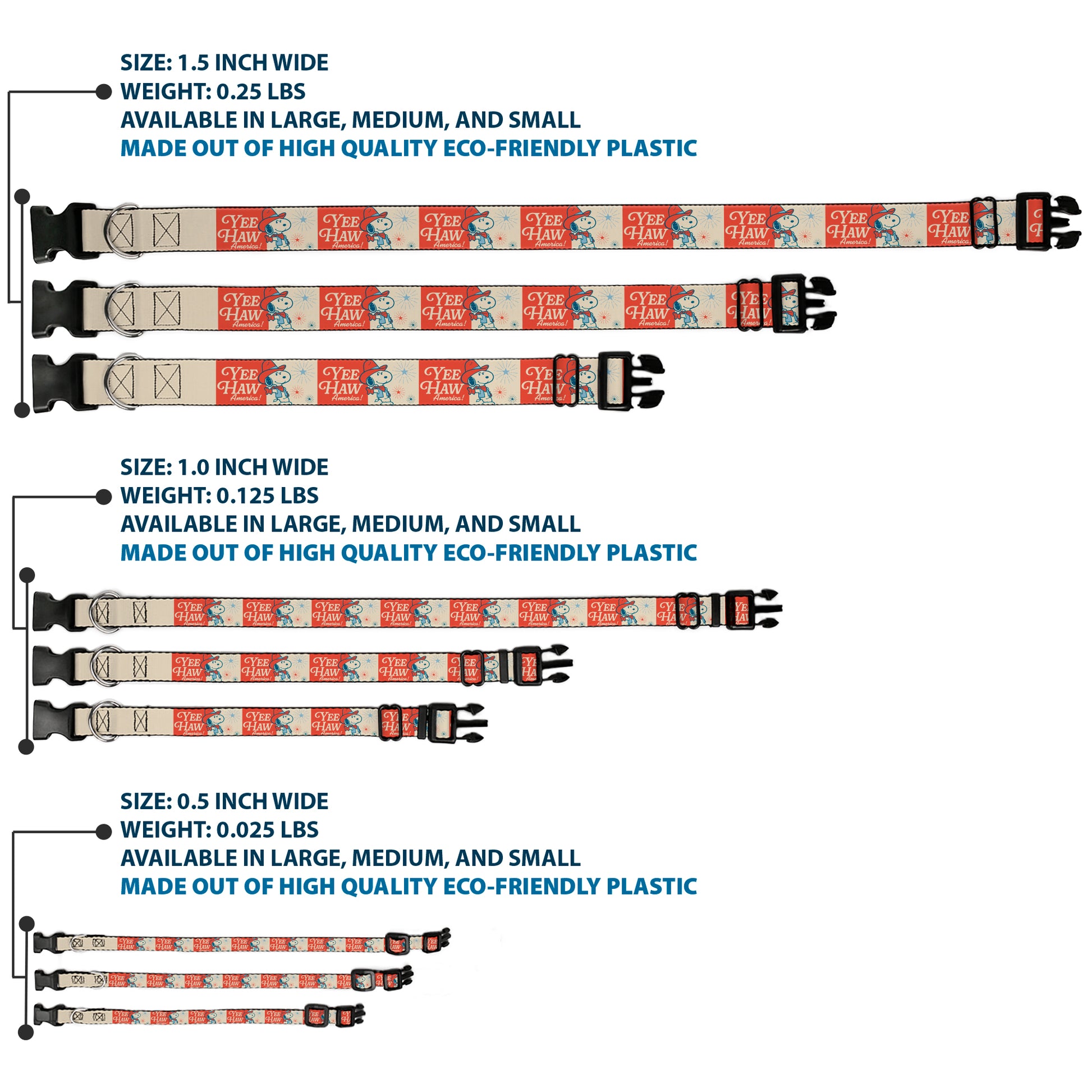 Plastic Clip Collar - Peanuts Snoopy YEE HAW AMERICA Pose and Icons Ivory/Blues/Red Plastic Clip Collars Peanuts