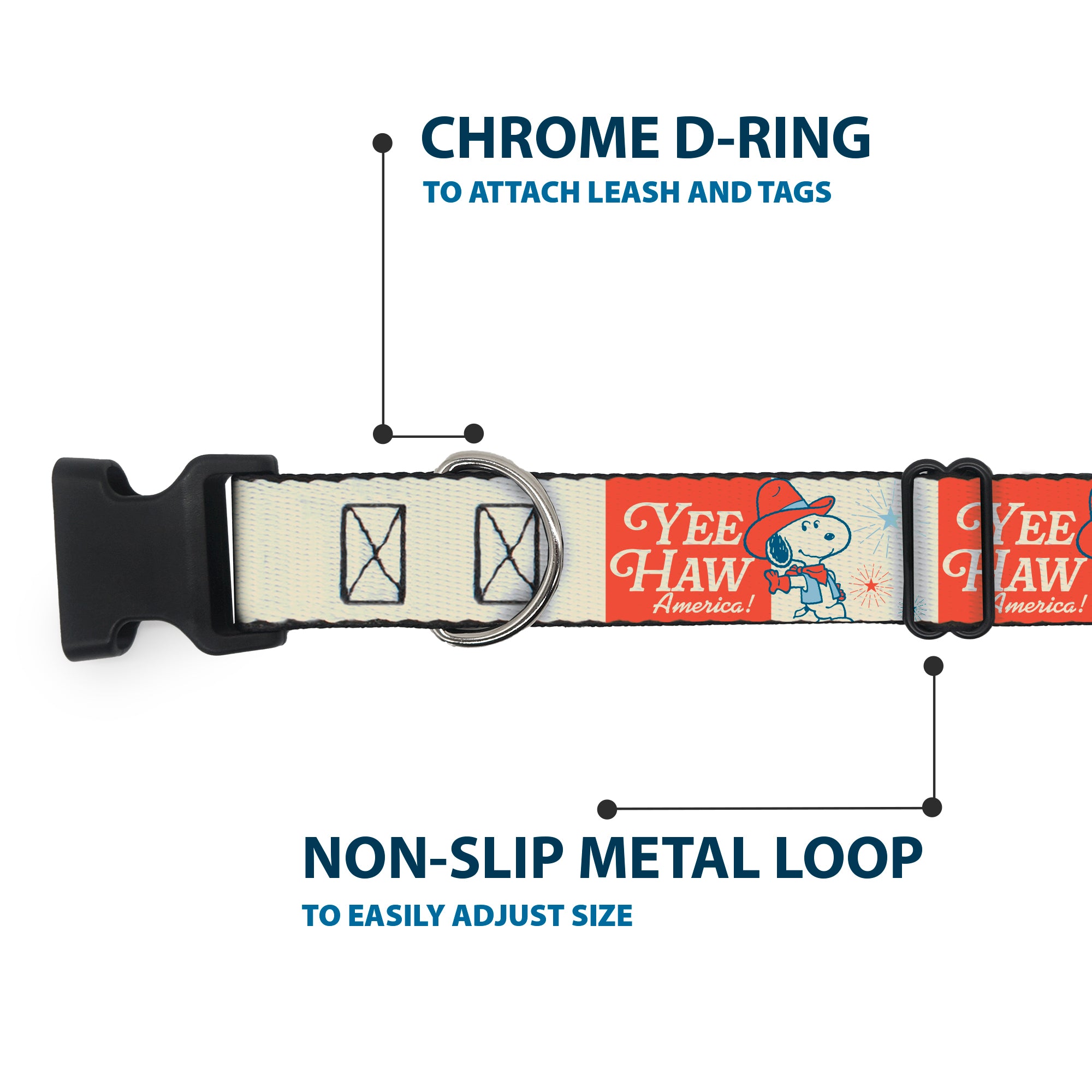 Plastic Clip Collar - Peanuts Snoopy YEE HAW AMERICA Pose and Icons Ivory/Blues/Red Plastic Clip Collars Peanuts