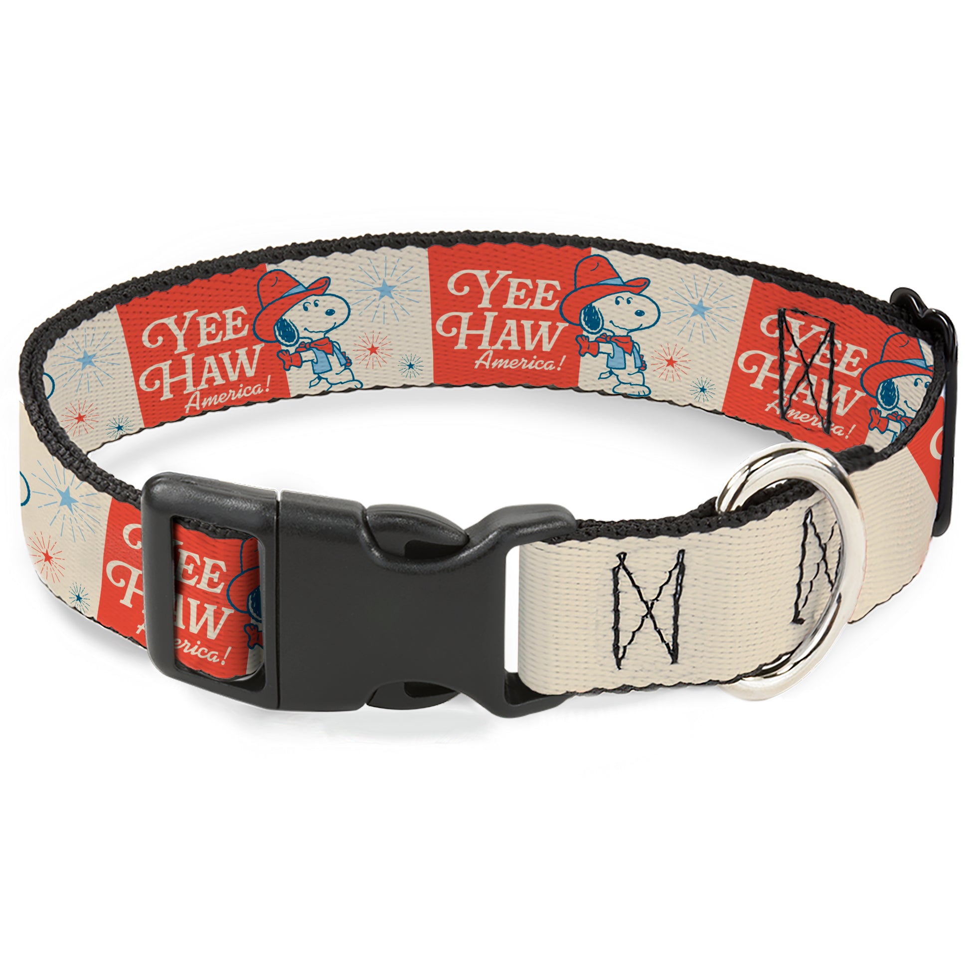 Plastic Clip Collar - Peanuts Snoopy YEE HAW AMERICA Pose and Icons Ivory/Blues/Red Plastic Clip Collars Peanuts