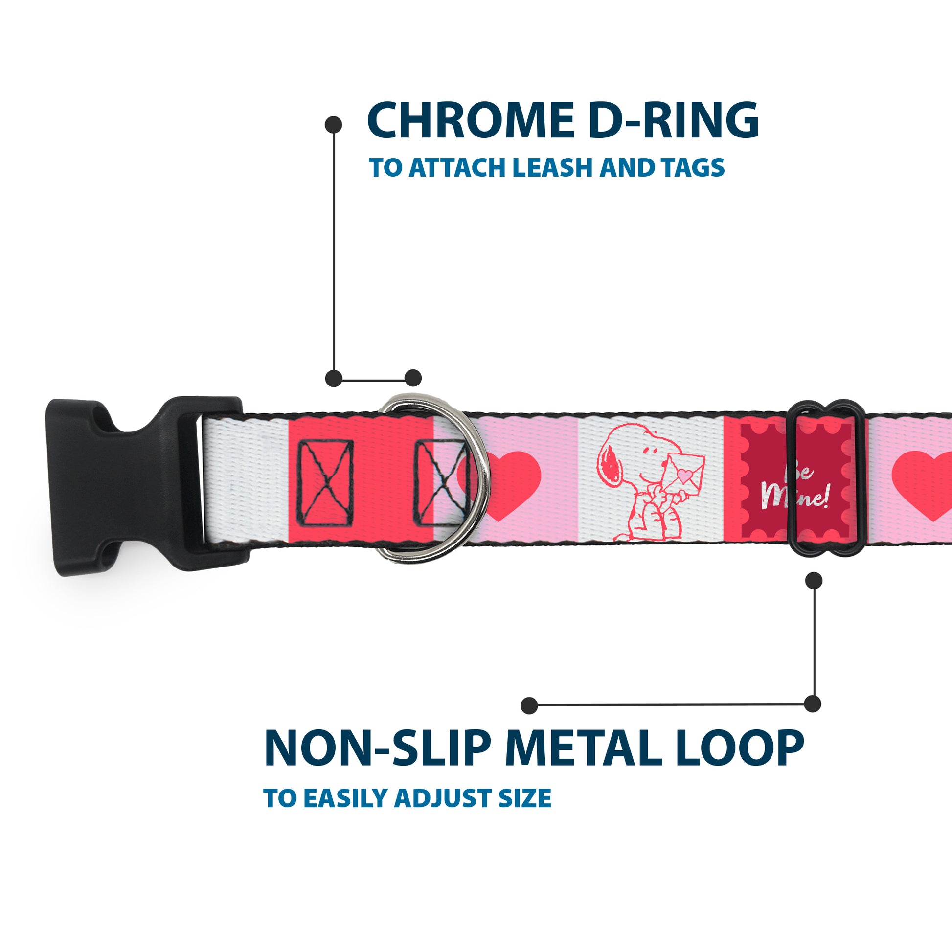 Plastic Clip Collar - Peanuts Snoopy BE MINE Valentine Pose and Icons Blocks White/Reds/Pinks Plastic Clip Collars Peanuts