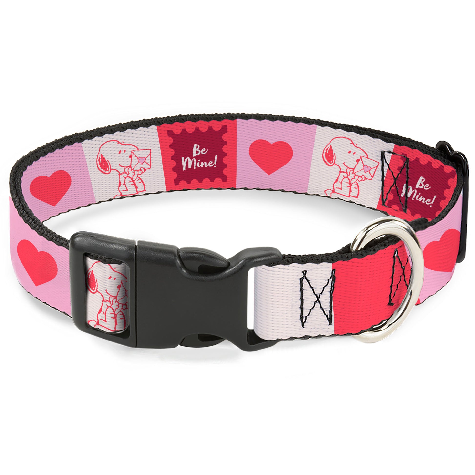Plastic Clip Collar - Peanuts Snoopy BE MINE Valentine Pose and Icons Blocks White/Reds/Pinks Plastic Clip Collars Peanuts