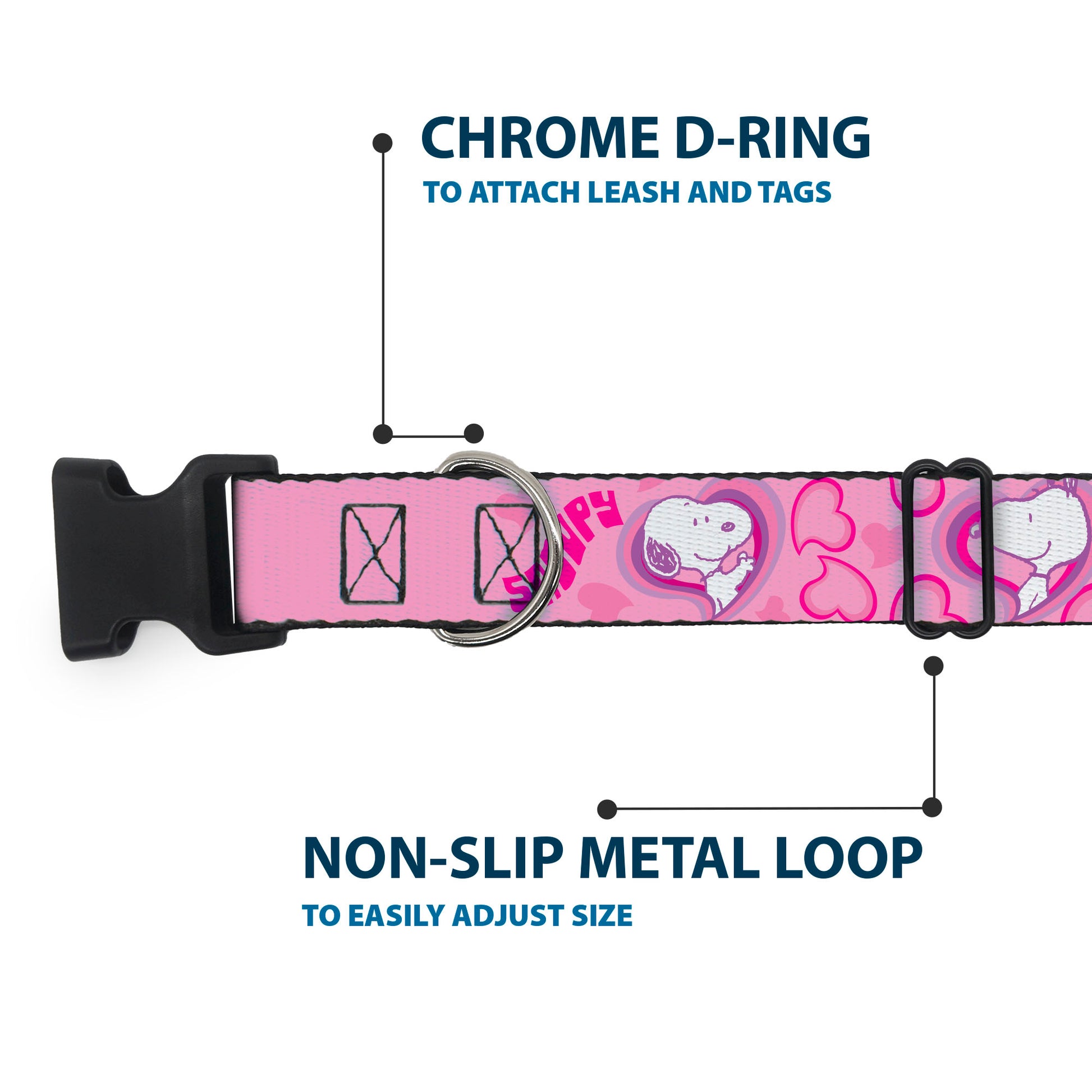 Plastic Clip Collar - Peanuts Snoopy Valentine Hearts Pose and Text Pinks/Lavenders Plastic Clip Collars Peanuts