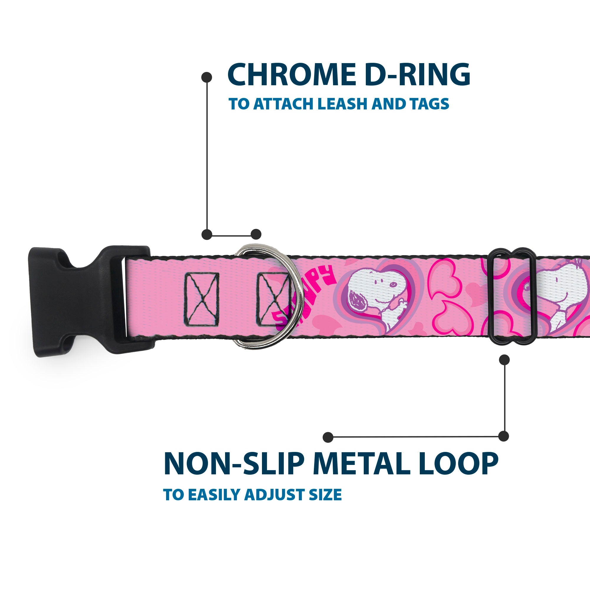 Plastic Clip Collar - Peanuts Snoopy Valentine Hearts Pose and Text Pinks/Lavenders Plastic Clip Collars Peanuts