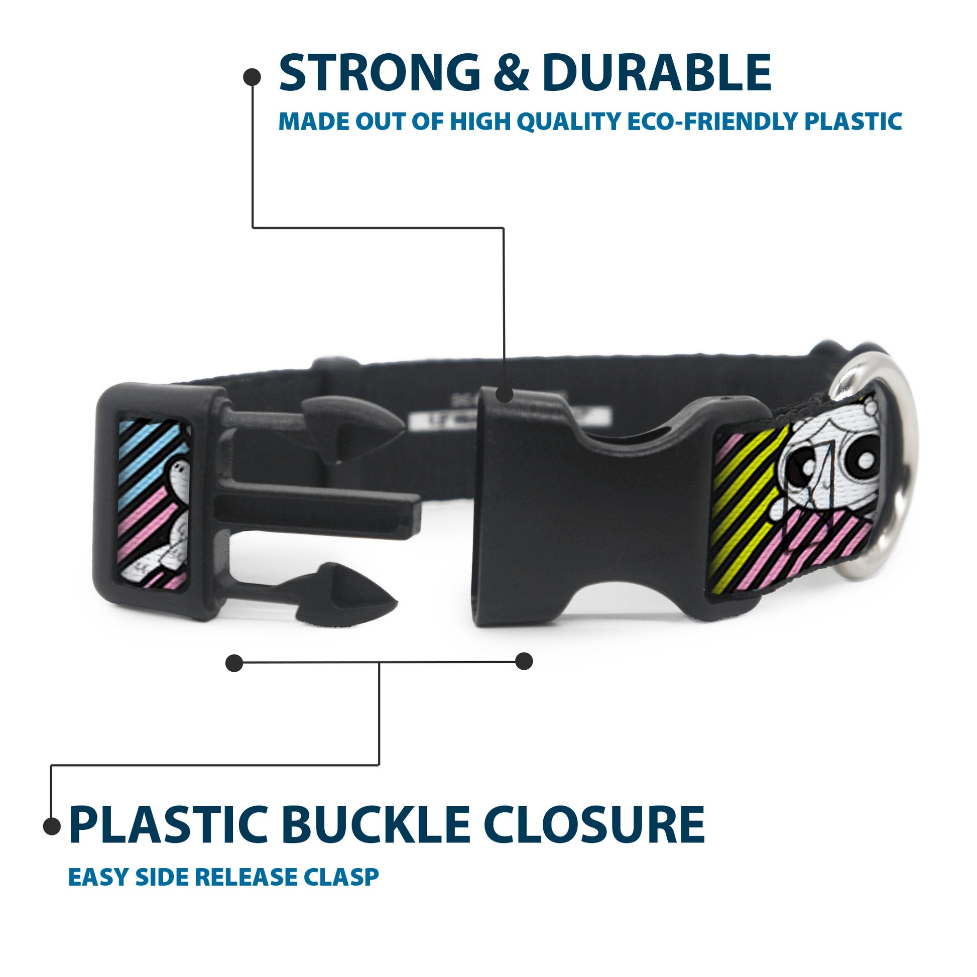 Plastic Clip Collar - The Powerpuff Girls and Donny Stripe Black/Multi Pastel Plastic Clip Collars Powerpuff Girls