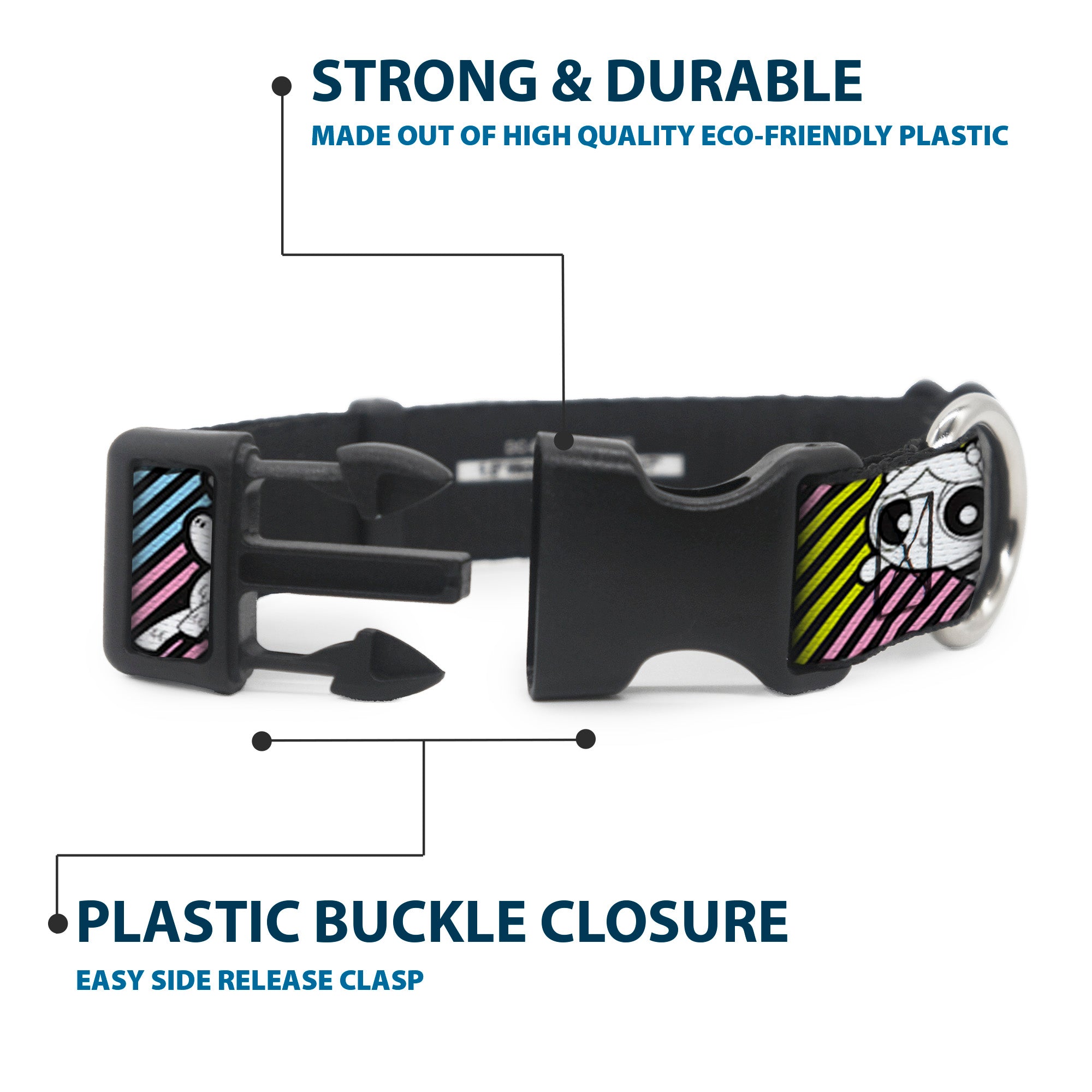 Plastic Clip Collar - The Powerpuff Girls and Donny Stripe Black/Multi Pastel Plastic Clip Collars Powerpuff Girls