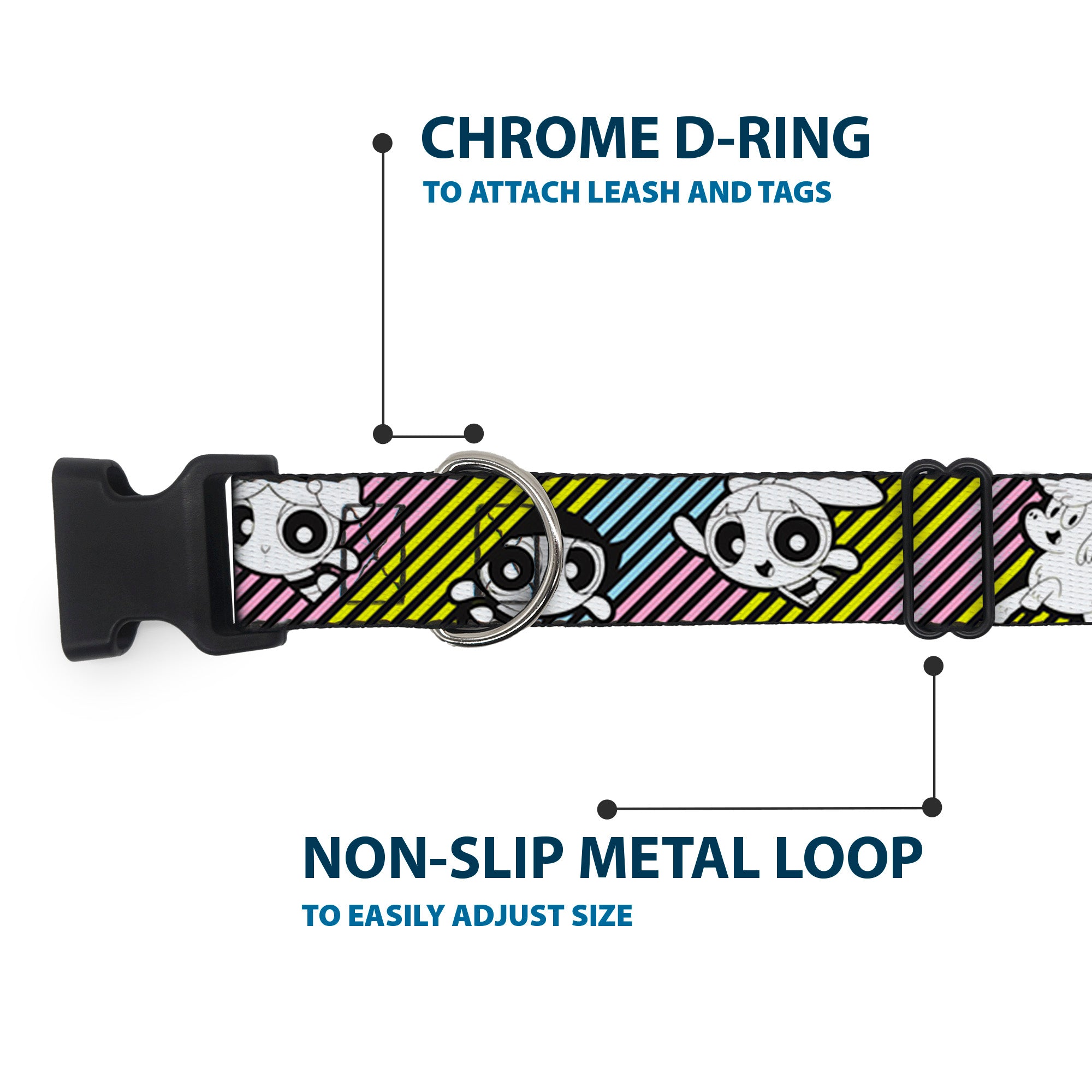 Plastic Clip Collar - The Powerpuff Girls and Donny Stripe Black/Multi Pastel Plastic Clip Collars Powerpuff Girls