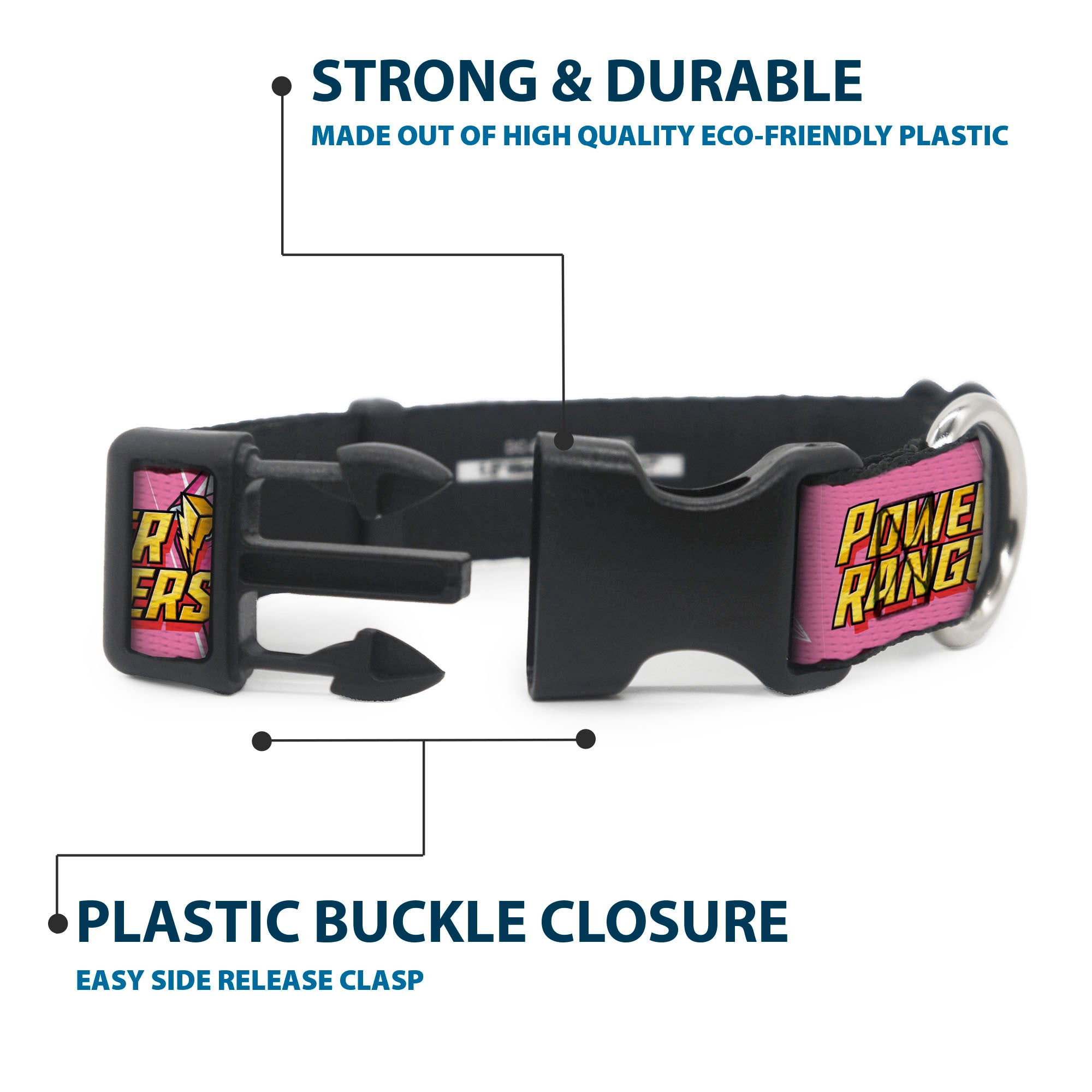 Plastic Clip Collar - POWER RANGERS Pink Ranger Pterodactyl Pose and Coin Icon Pink