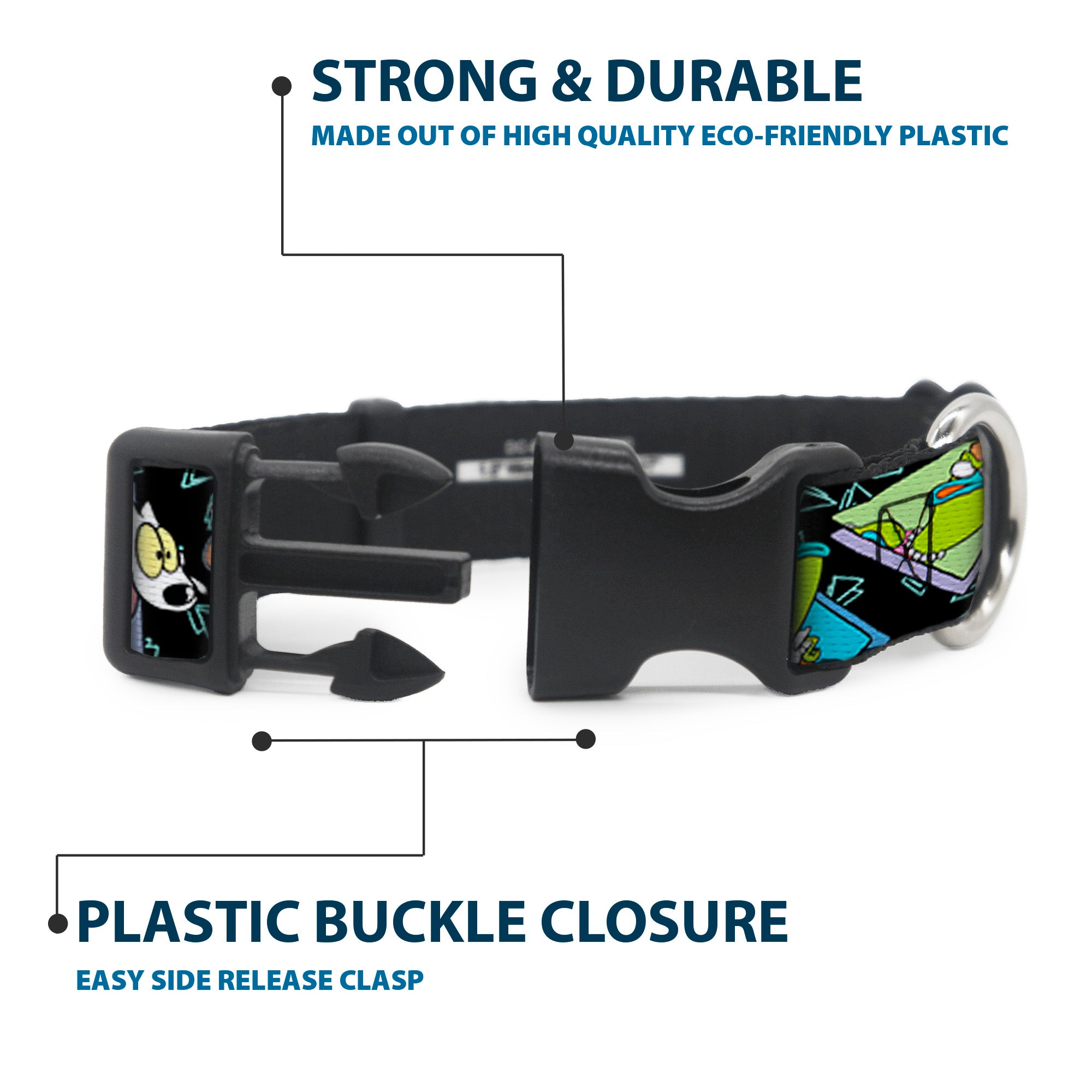 Plastic Clip Collar - ROCKO'S MODERN LIFE Character Portraits/Triangles Black/Blue Plastic Clip Collars Ren and Stimpy