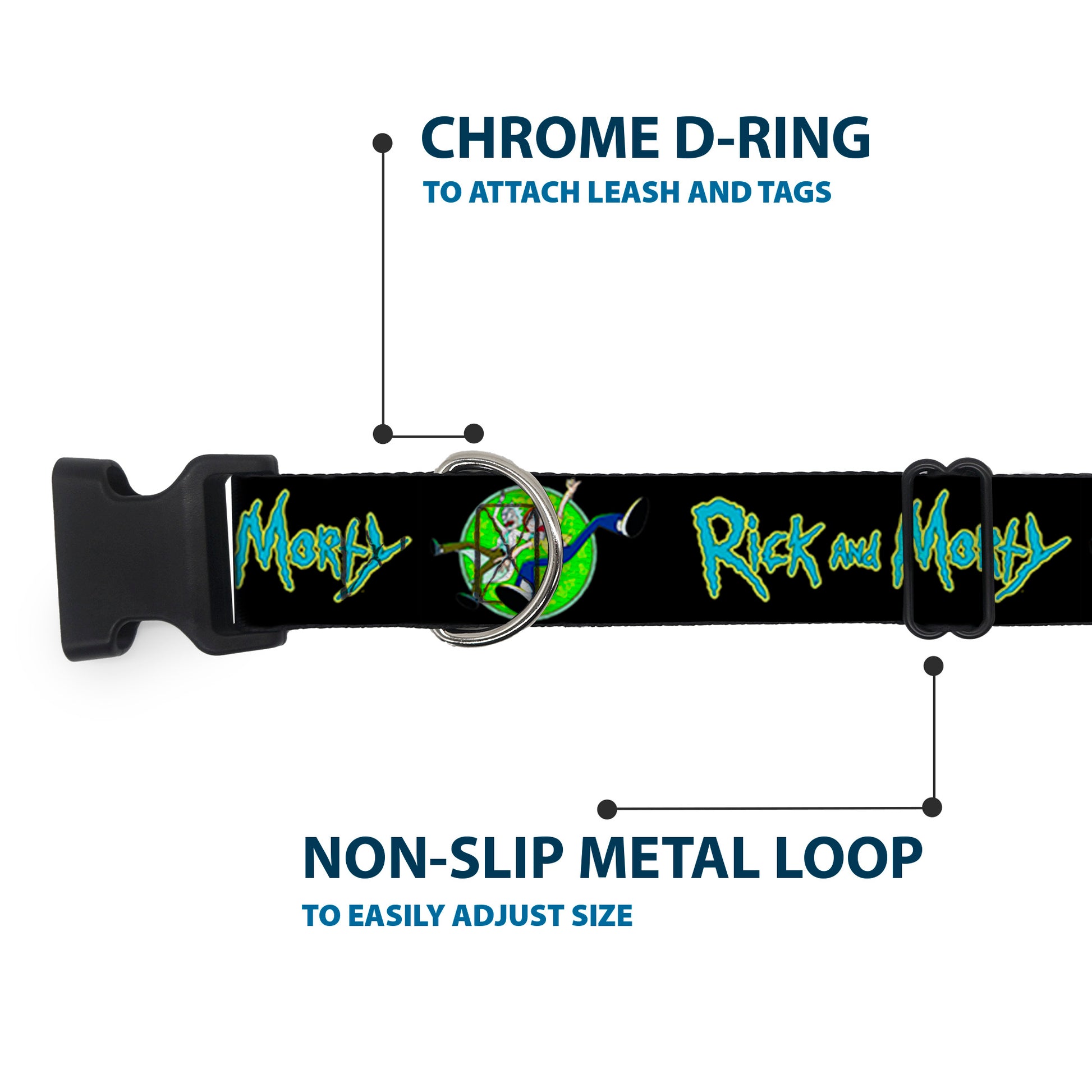Plastic Clip Collar - RICK AND MORTY Title Logo and Portal Pose Black Plastic Clip Collars Rick and Morty