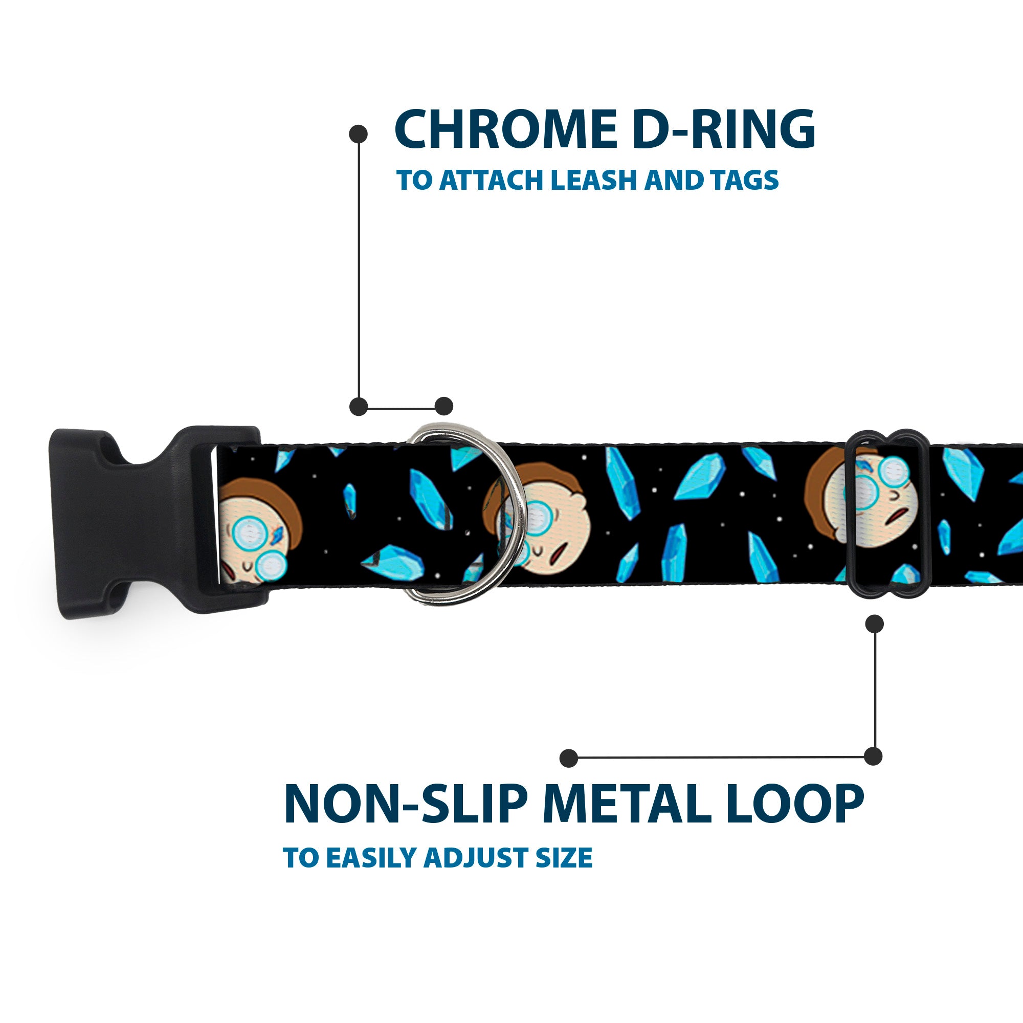 Plastic Clip Collar - Rick and Morty Death Crystals and Morty Expression Black/Blues Plastic Clip Collars Rick and Morty