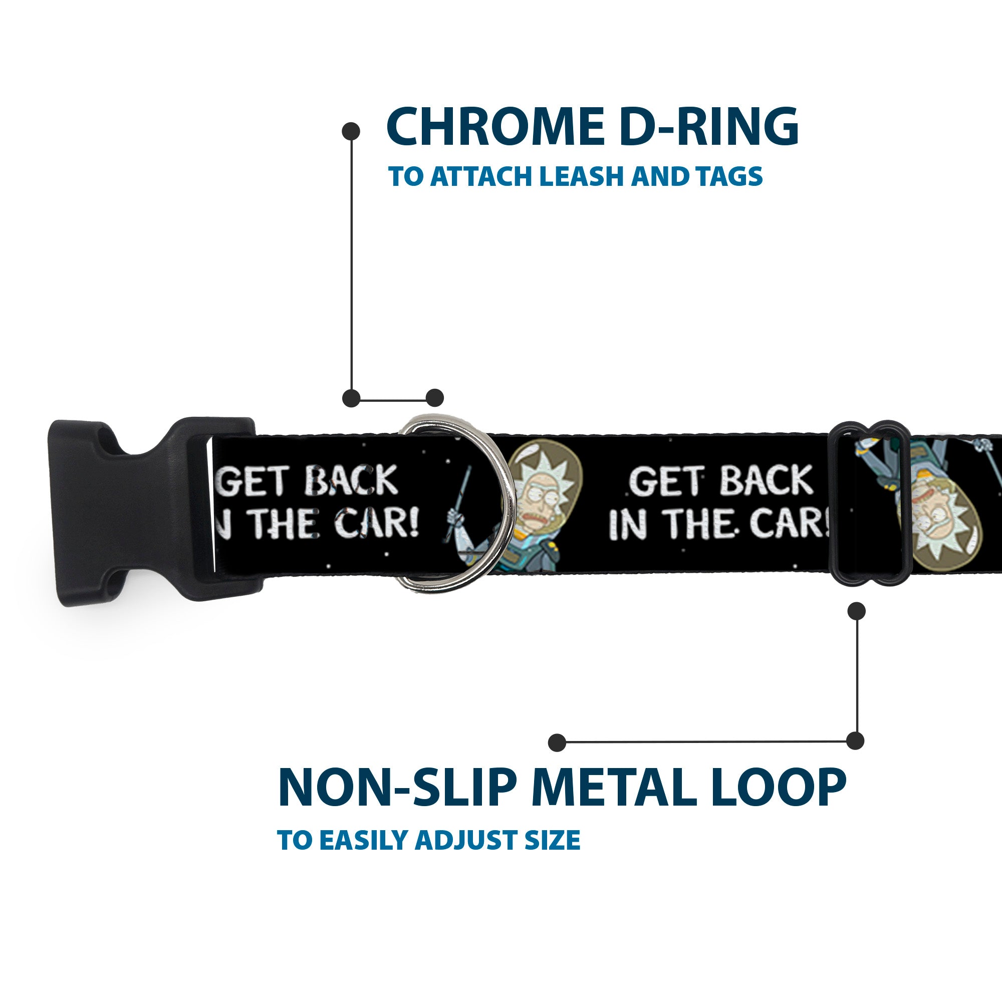 Plastic Clip Collar - Rick and Morty Rick GET BACK IN THE CAR Pose Black/White Plastic Clip Collars Rick and Morty