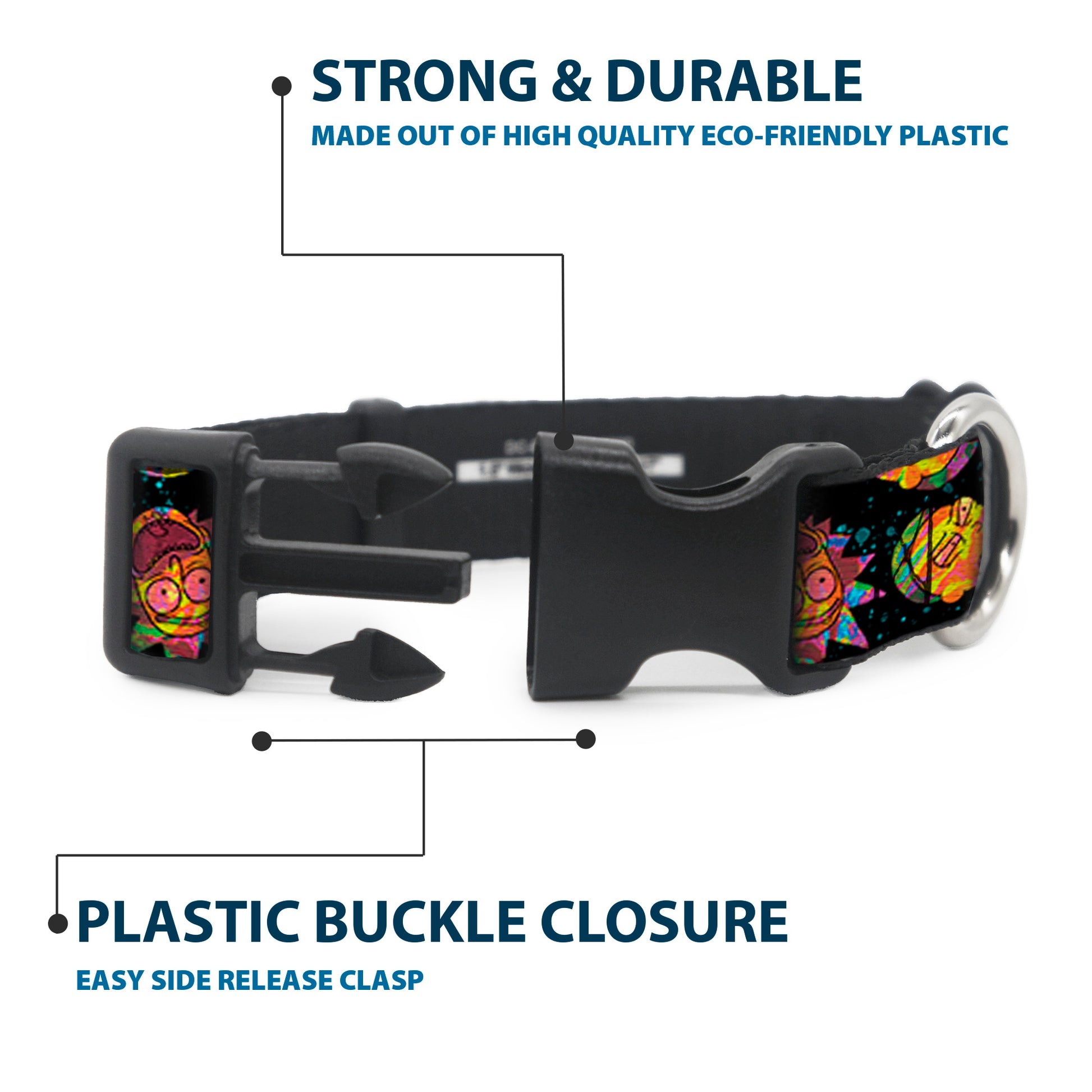 Plastic Clip Collar - Rick and Morty Vaporwave Expressions Scattered Black/Multi Color Plastic Clip Collars Rick and Morty