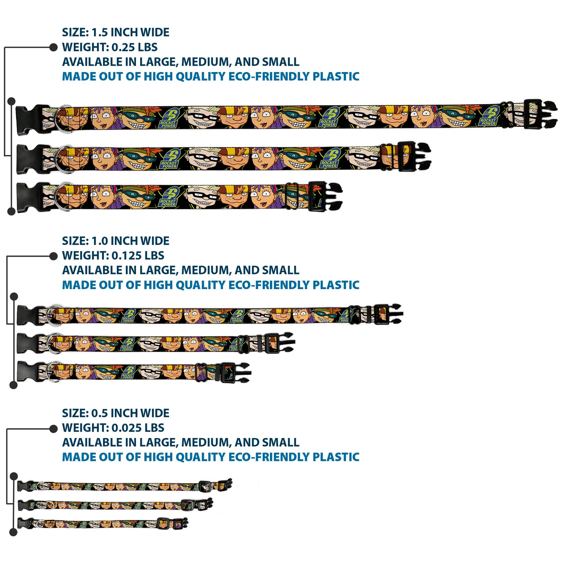 Plastic Clip Collar - ROCKET POWER RP Logo/4-Character Faces CLOSE-UP Black/Green/Blue Plastic Clip Collars Rocket Power