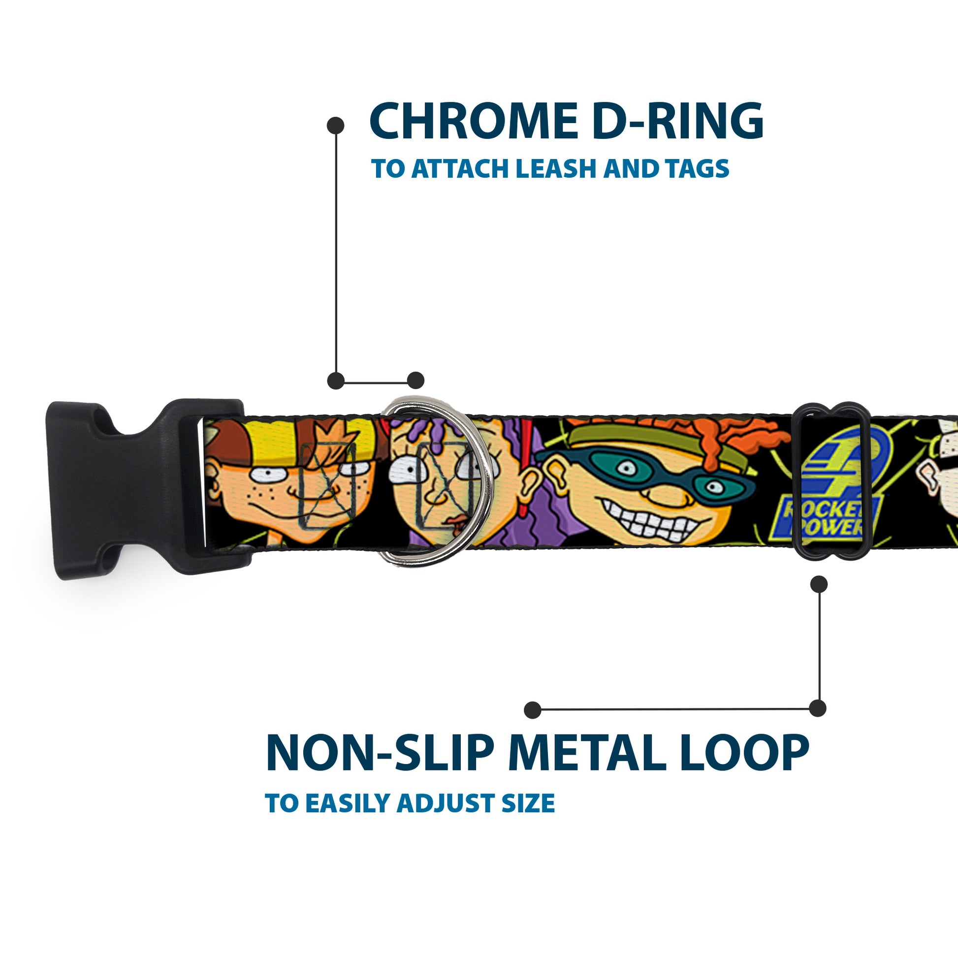 Plastic Clip Collar - ROCKET POWER RP Logo/4-Character Faces CLOSE-UP Black/Green/Blue Plastic Clip Collars Rocket Power