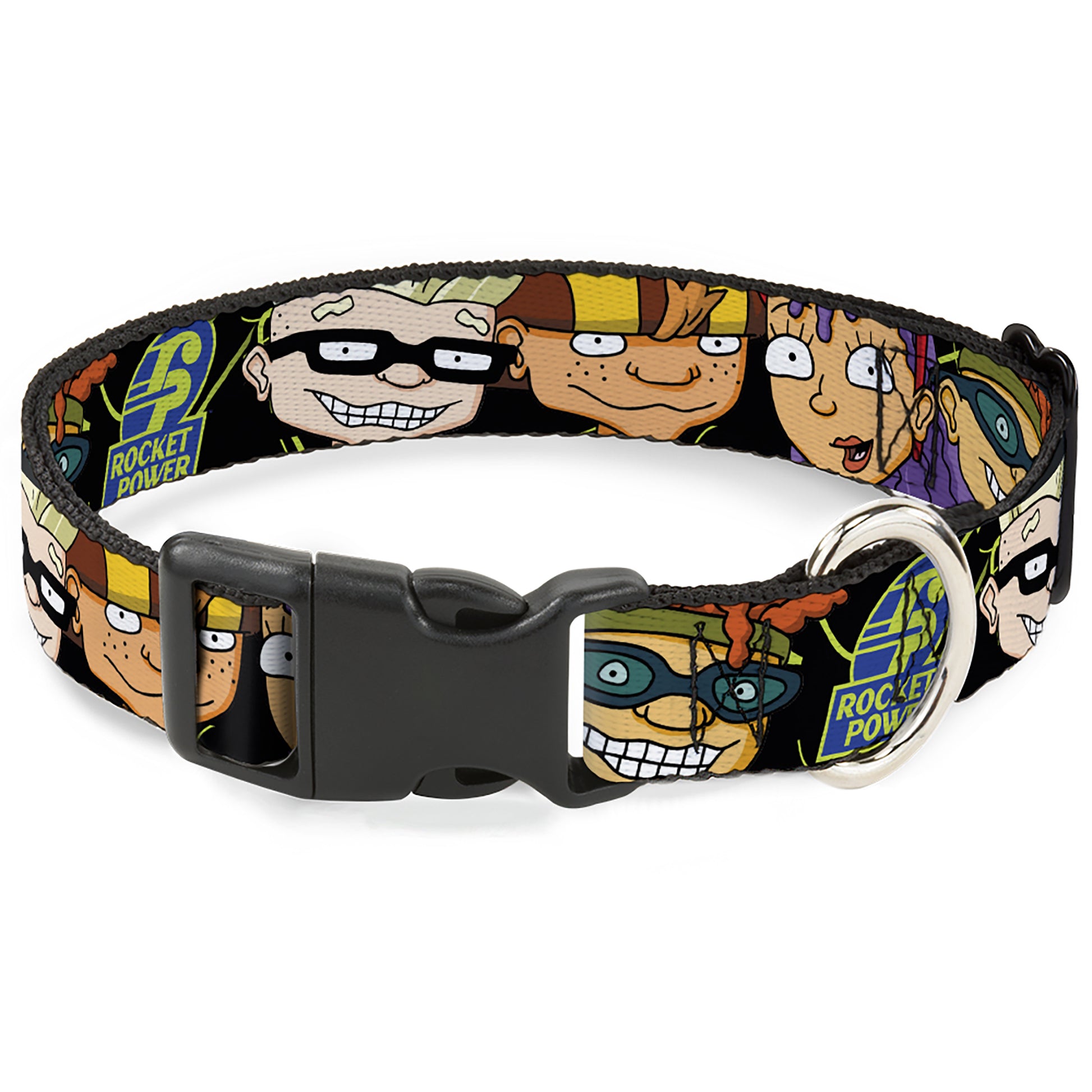Plastic Clip Collar - ROCKET POWER RP Logo/4-Character Faces CLOSE-UP Black/Green/Blue Plastic Clip Collars Rocket Power