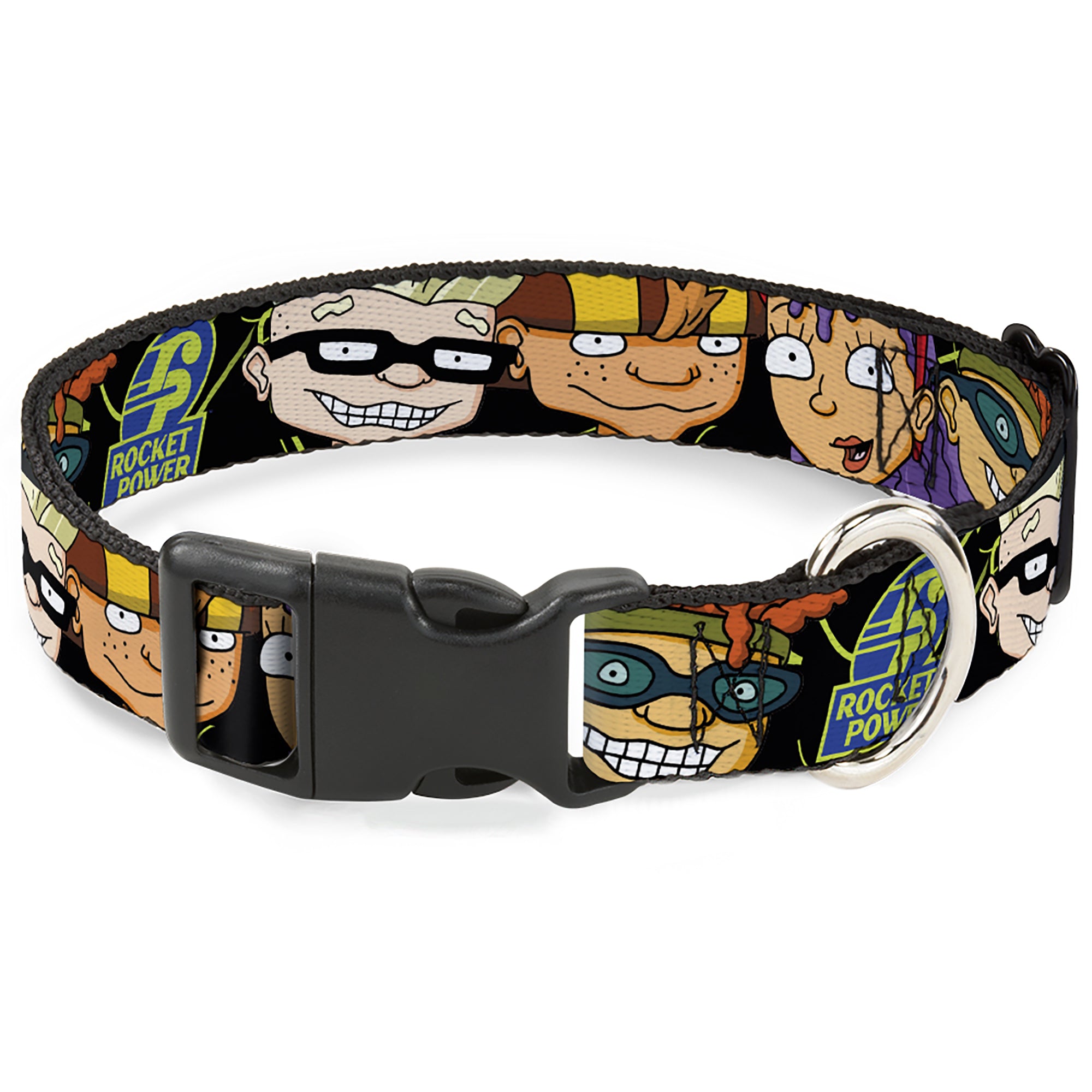 Plastic Clip Collar - ROCKET POWER RP Logo/4-Character Faces CLOSE-UP Black/Green/Blue Plastic Clip Collars Rocket Power