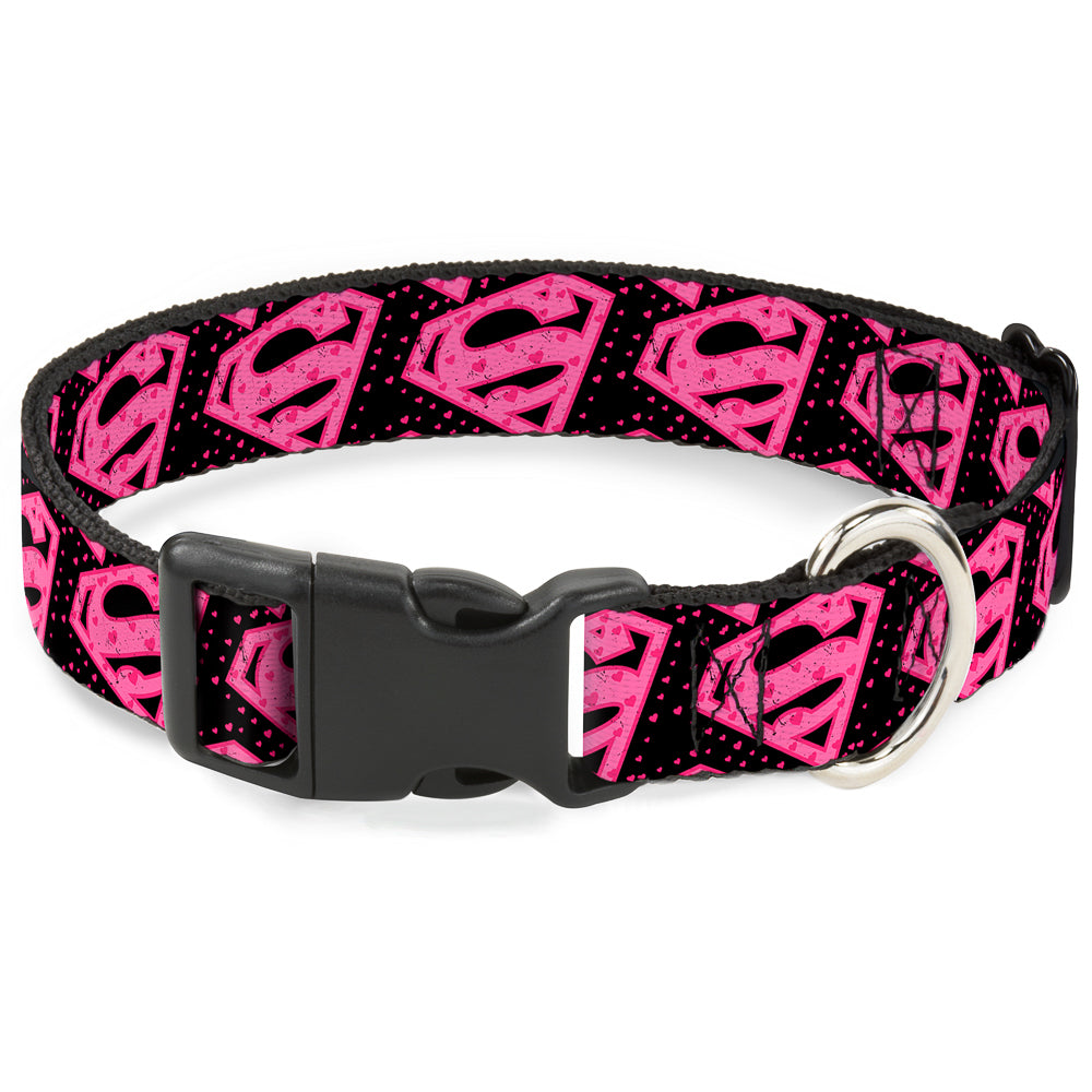 Plastic Clip Collar - Diagonal Superman Logo w/Hearts Black/Pink Plastic Clip Collars DC Comics