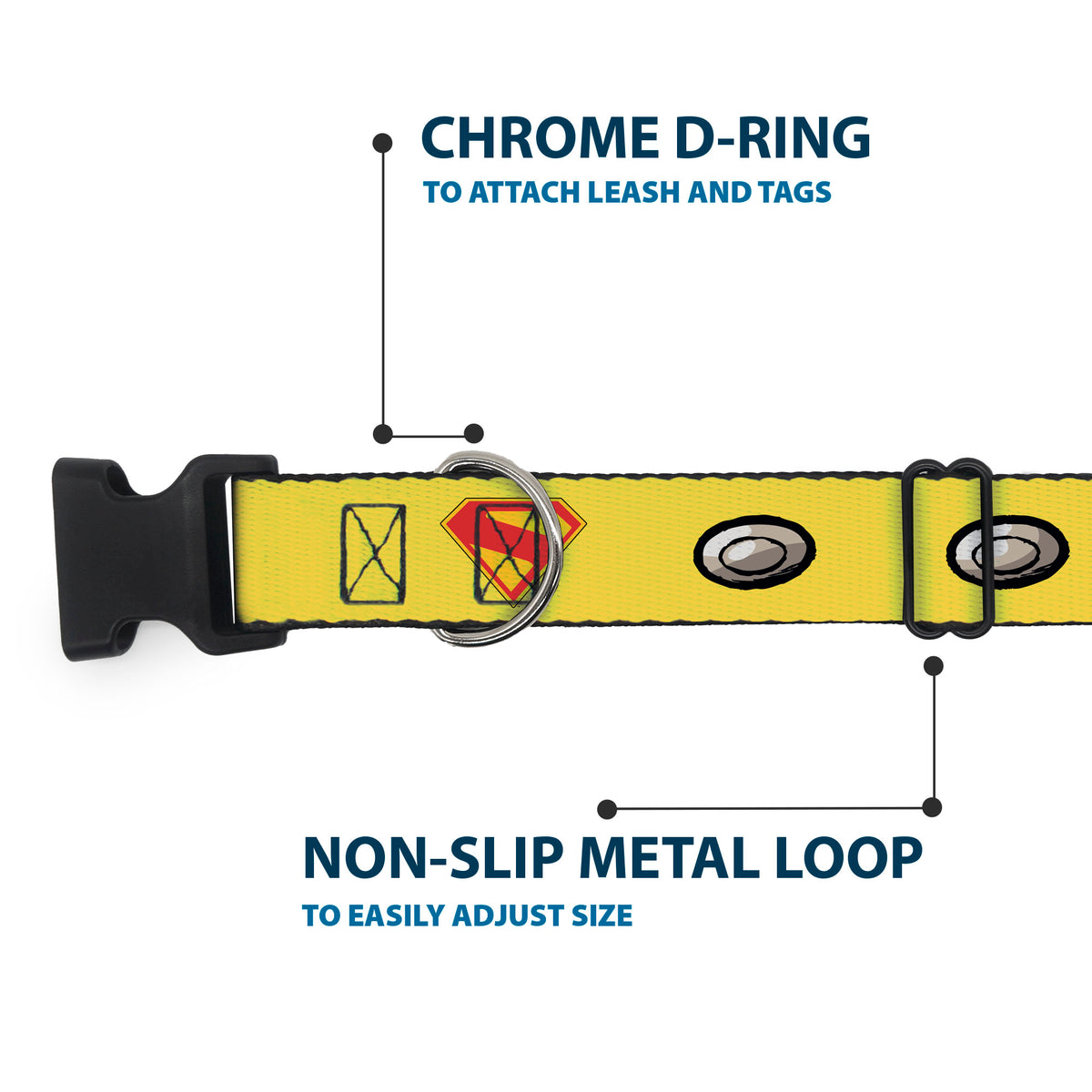 Plastic Clip Collar - Superman Krypto Collar Icons Yellows/Red/Grays Dog Collars Plastic Clip Side Release DC Comics