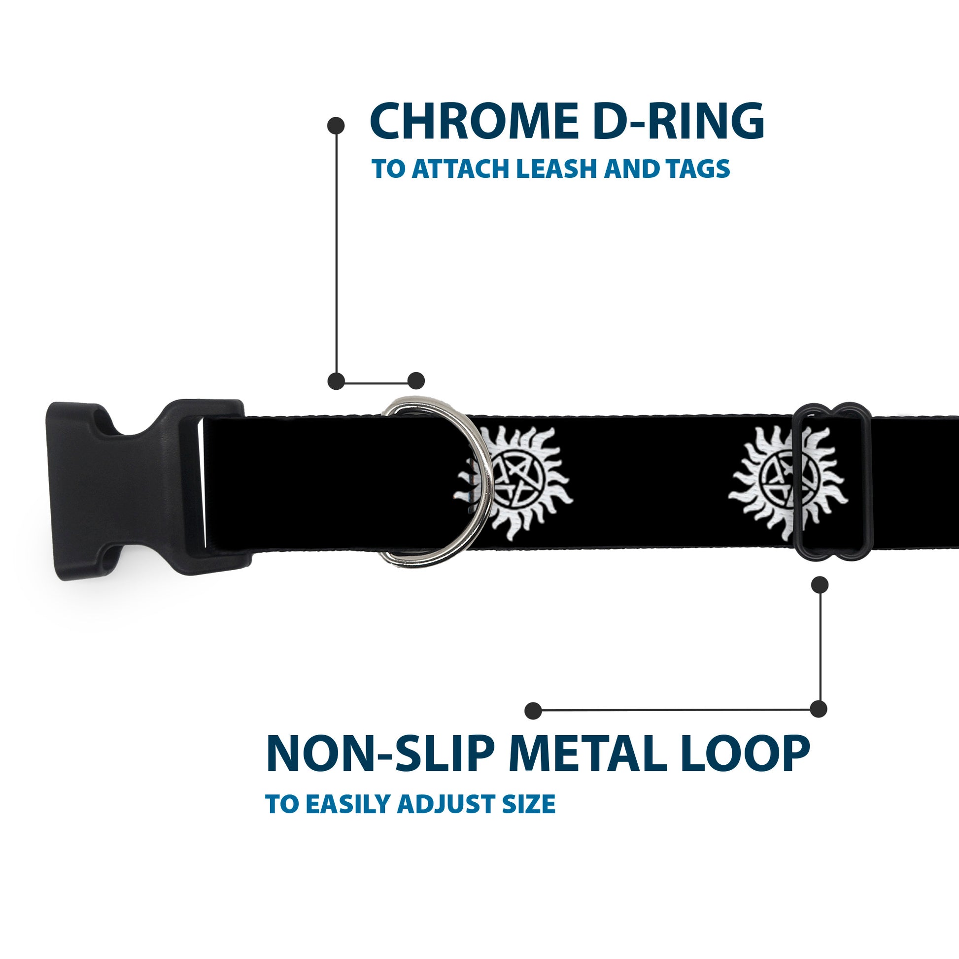 Plastic Clip Collar - Winchester Pentagram Repeat Black/White Plastic Clip Collars Supernatural