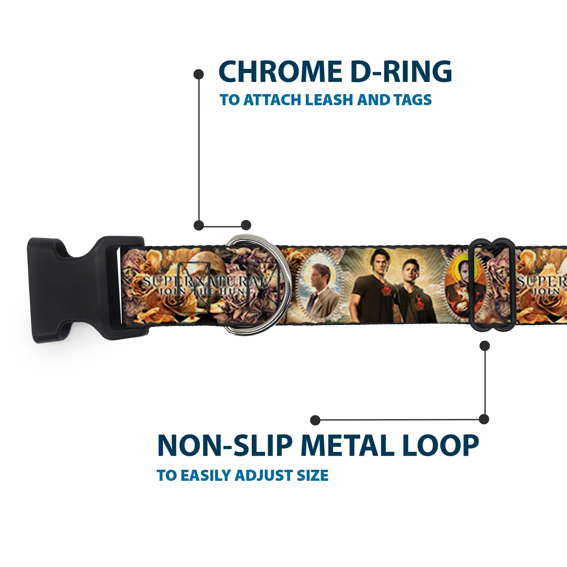 Plastic Clip Collar - SUPERNATURAL 4-Character Saintly Icons/Skull & Roses Plastic Clip Collars Supernatural