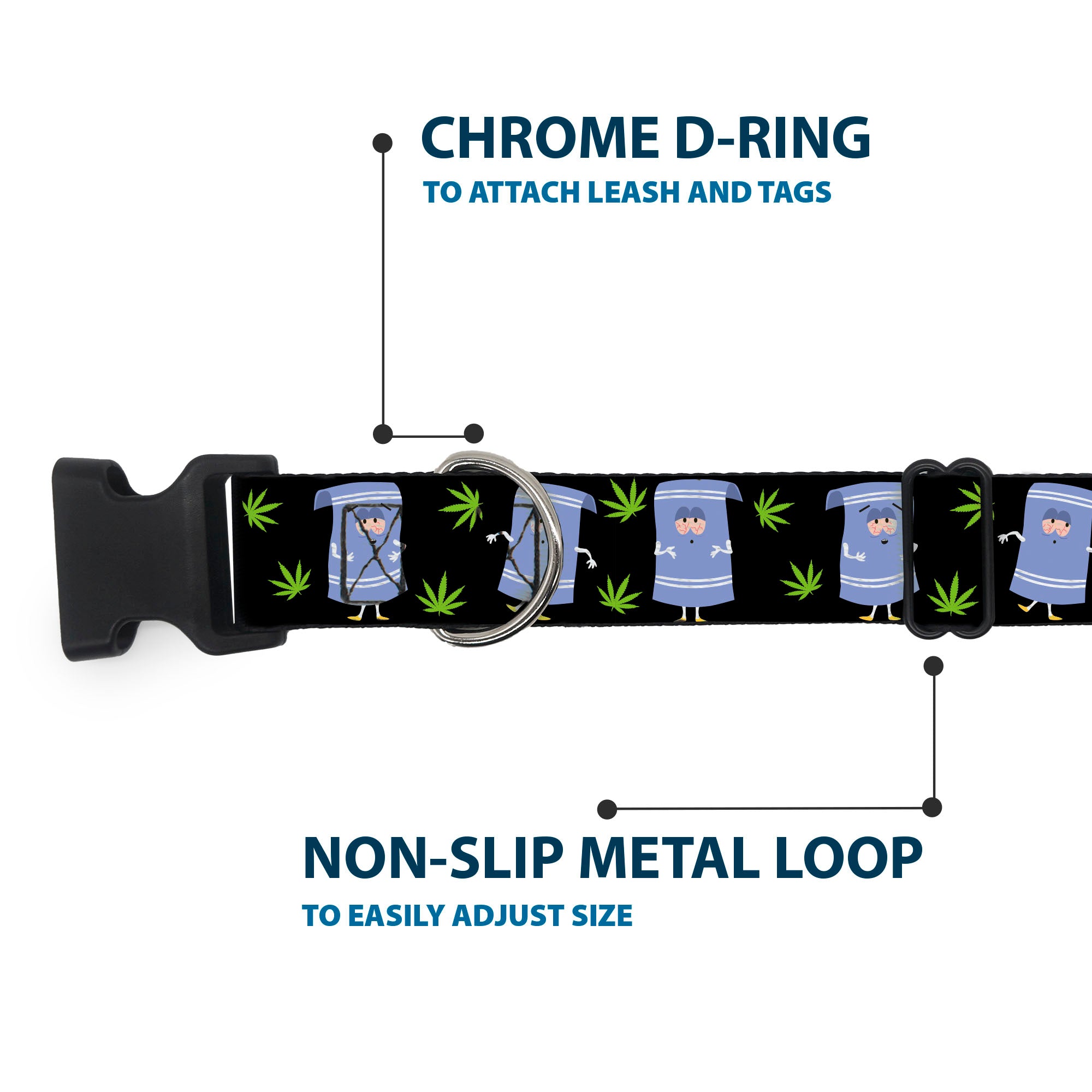Plastic Clip Collar - South Park Towlie and Scattered Pot Leaves Black Plastic Clip Collars South Park
