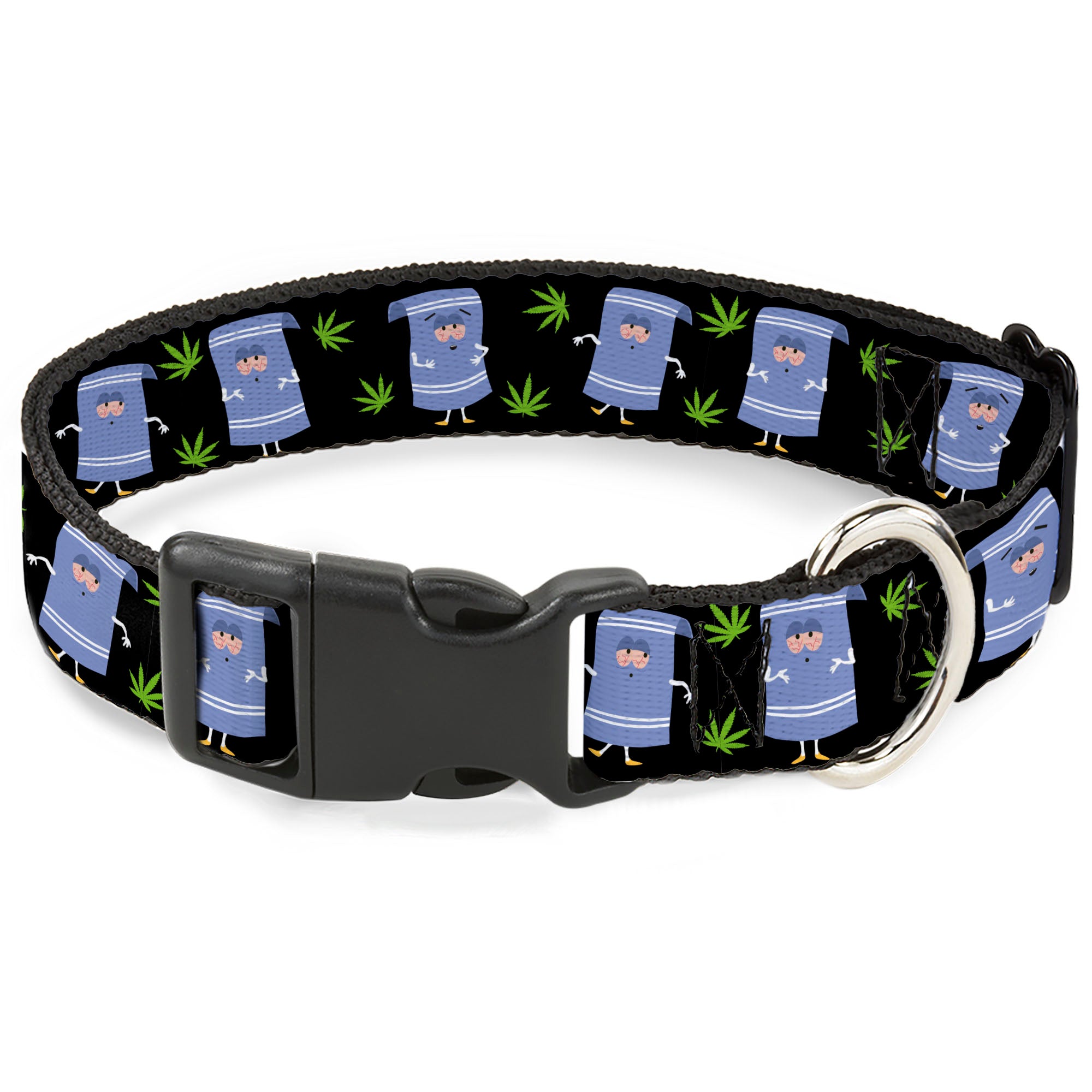Plastic Clip Collar - South Park Towlie and Scattered Pot Leaves Black Plastic Clip Collars South Park