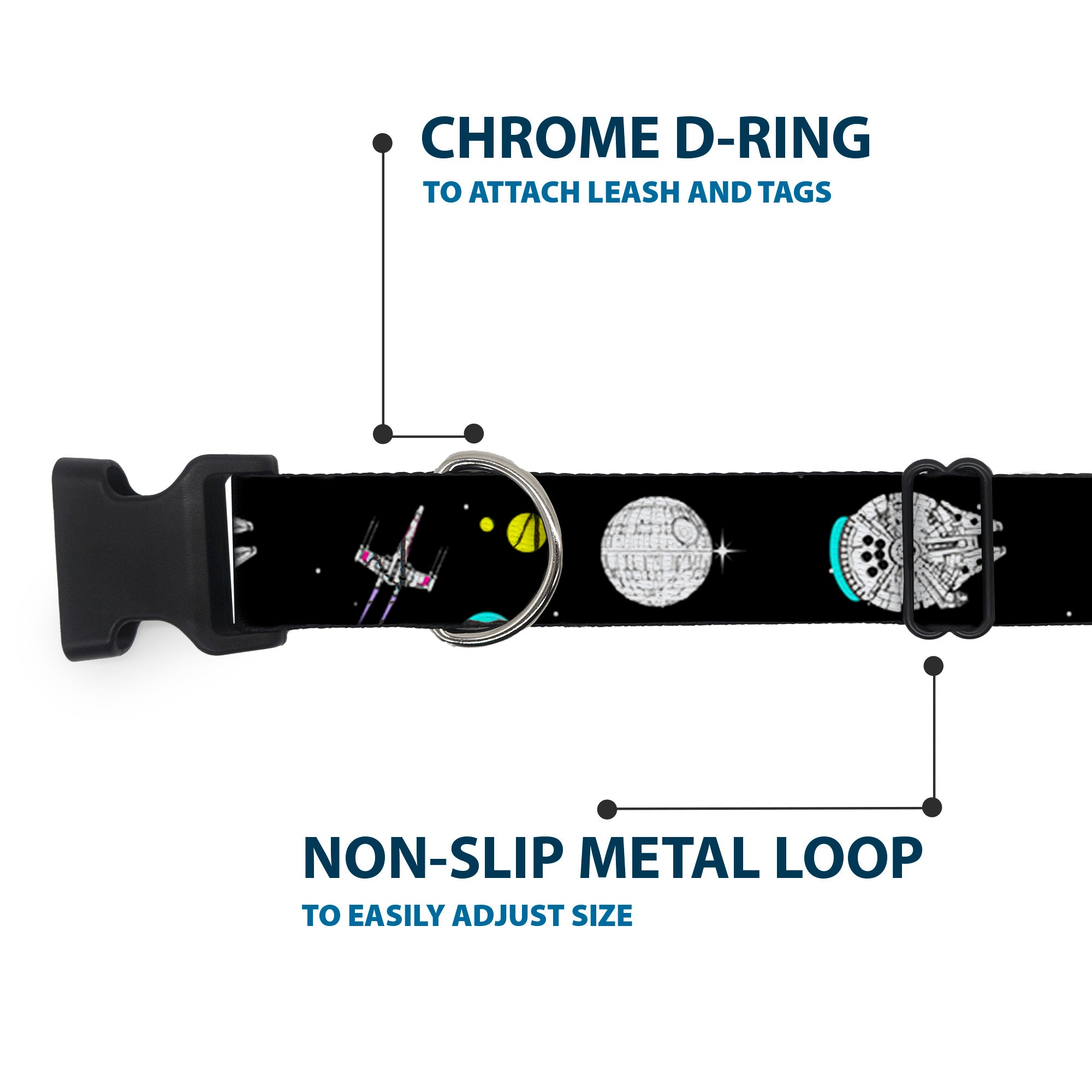 Plastic Clip Collar - Star Wars Death Star Millennium Falcon and X-Wing Fighter in Space Black Plastic Clip Collars Star Wars