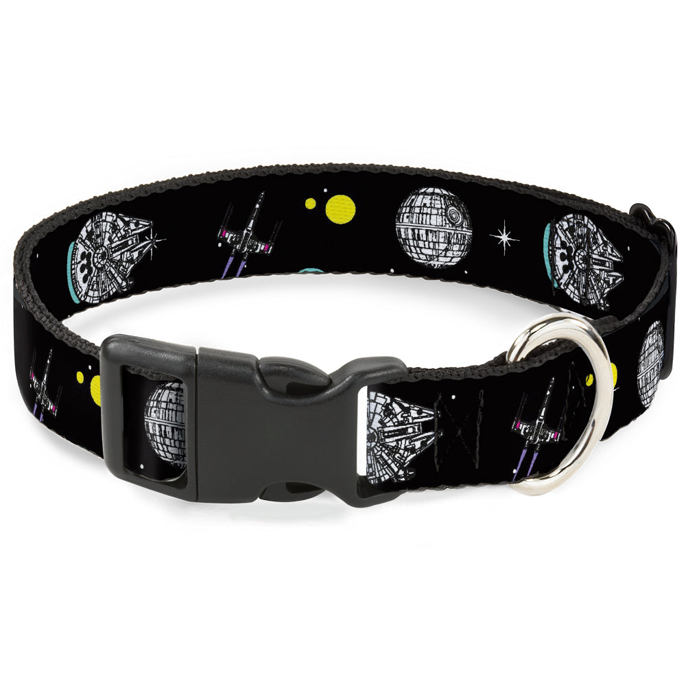Plastic Clip Collar - Star Wars Death Star Millennium Falcon and X-Wing Fighter in Space Black Plastic Clip Collars Star Wars