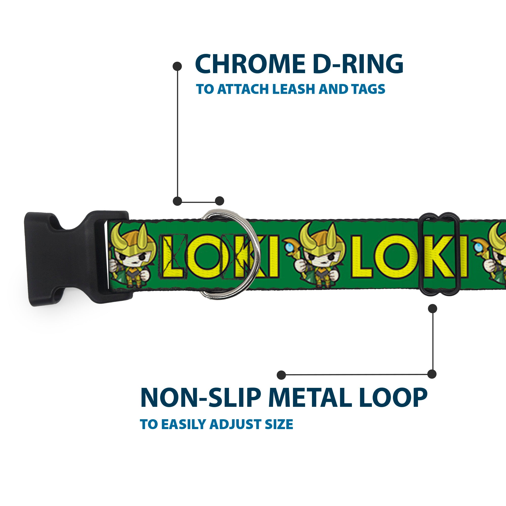 Plastic Clip Collar - Kawaii LOKI Standing Pose/Text Green/Yellow Plastic Clip Collars Marvel Comics