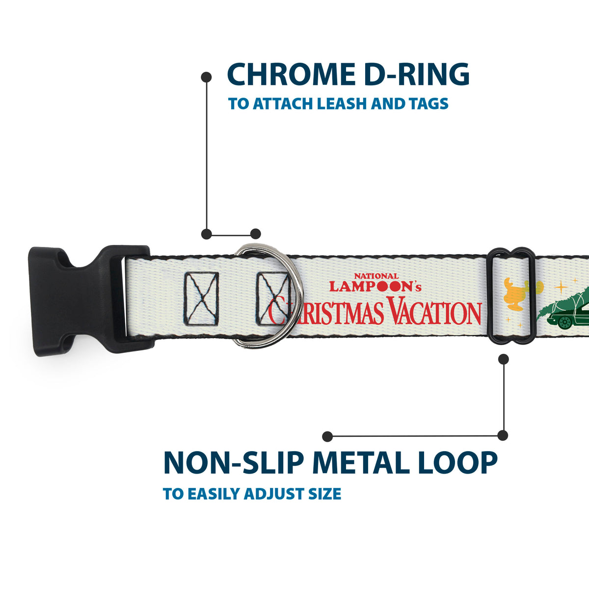 Plastic Clip Collar - NATIONAL LAMPOON'S CHRISTMAS VACATION Title Logo Icons Collage White/Green/Red Dog Collars Plastic Clip Side Release National Lampoon's