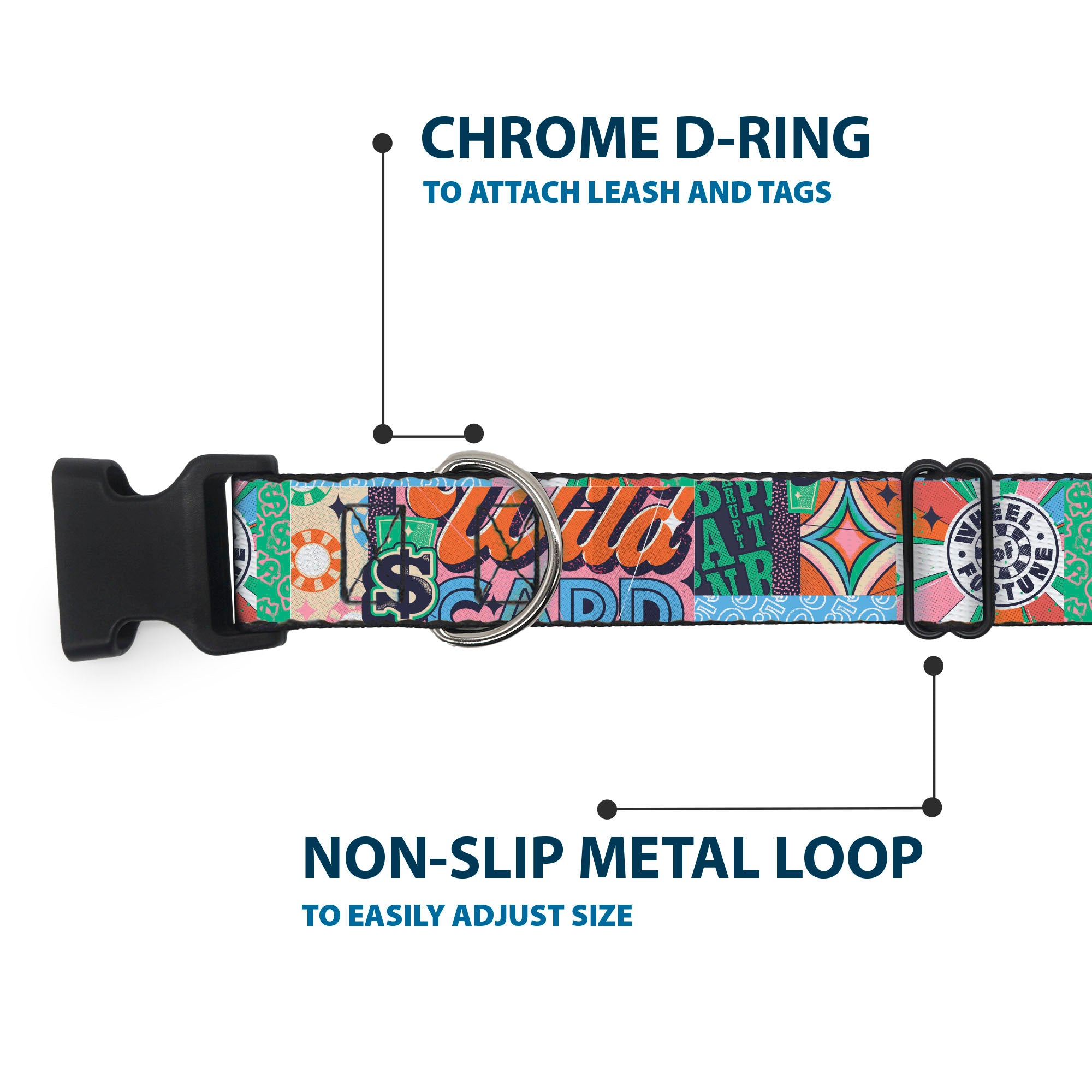 Plastic Clip Collar - WHEEL OF FORTUNE Logo and WILD CARD Collage Multi Color Plastic Clip Collars Wheel of Fortune